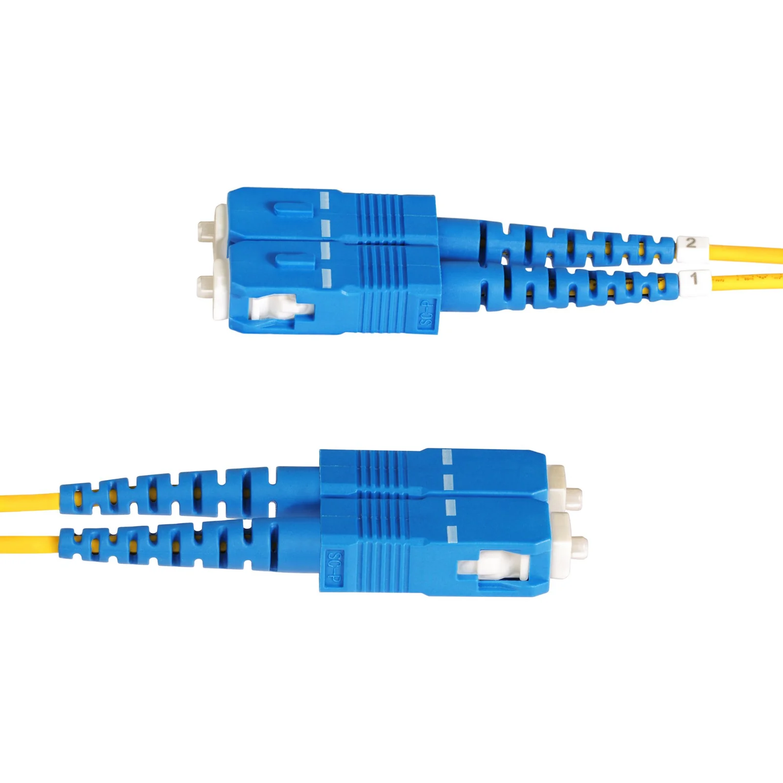 Vue de dessus des deux connecteurs SC duplex bleus avec nervures de déverrouillage, étiquettes de fibre 1 et 2 sur le câble jaune 2 mm