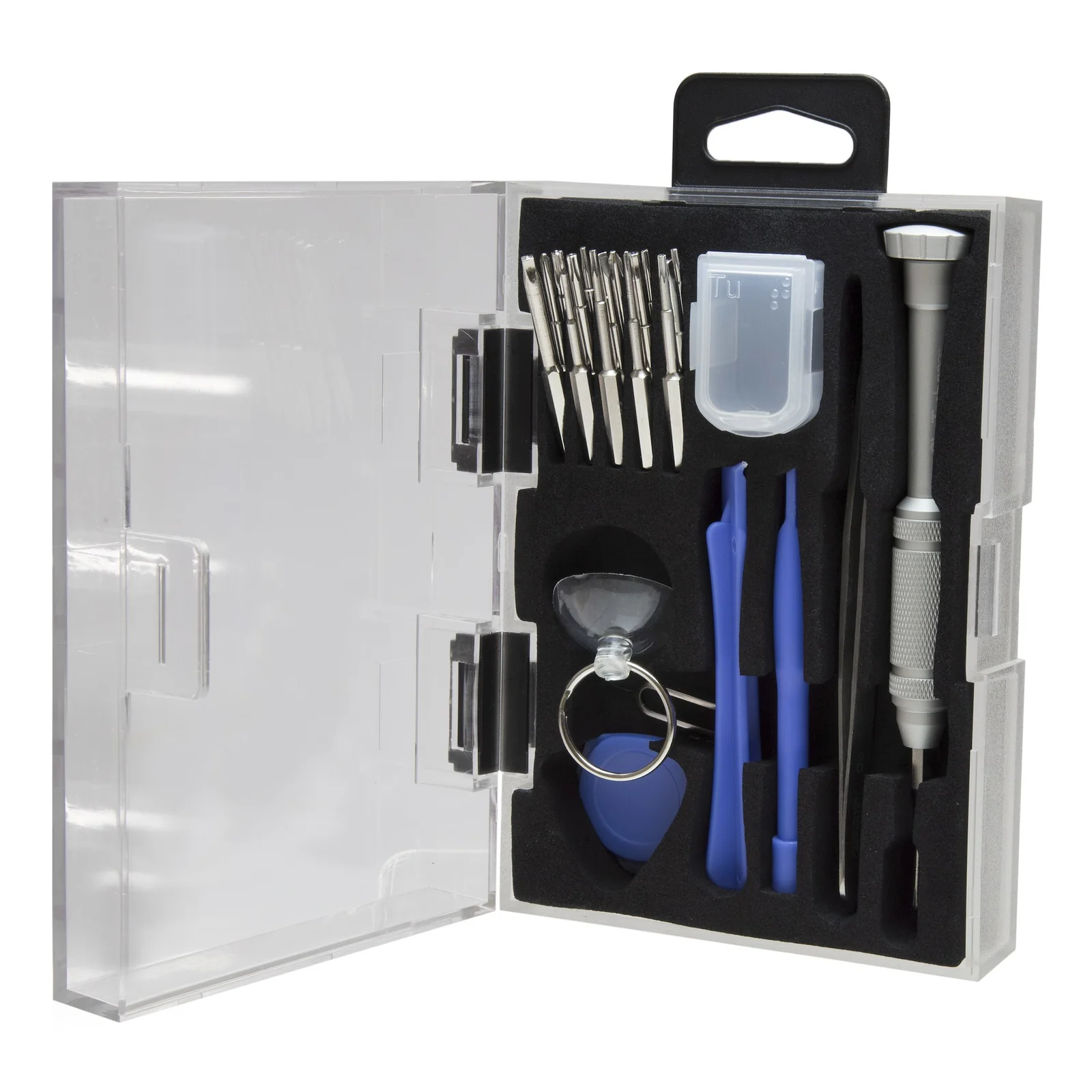 Boîtier transparent ouvert montrant organisation complète des outils sur mousse noire avec embouts, tournevis, spudgers bleus et ventouse
