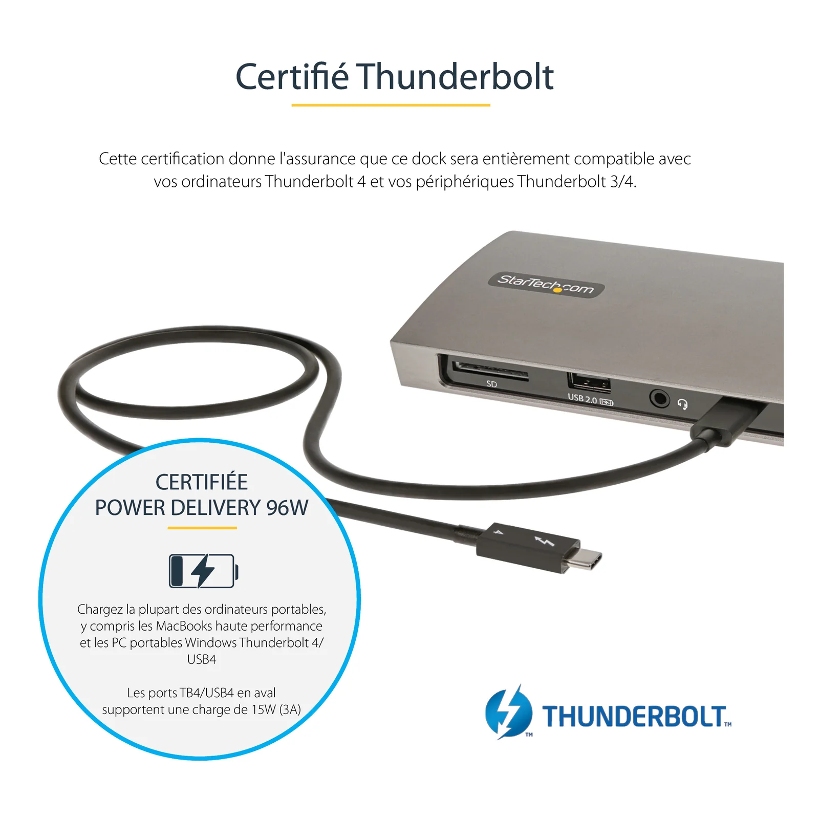 StarTech.com Dock Thunderbolt 4 - Hub Thunderbolt 4 96W Power Delivery - Moniteur unique 8K/Double moniteurs 4K 60Hz - Docking Station Thunderbolt 4 3xTB4/USB4/4xUSB-A/SD/GbE - Station d'Accueil Thunderbolt 4