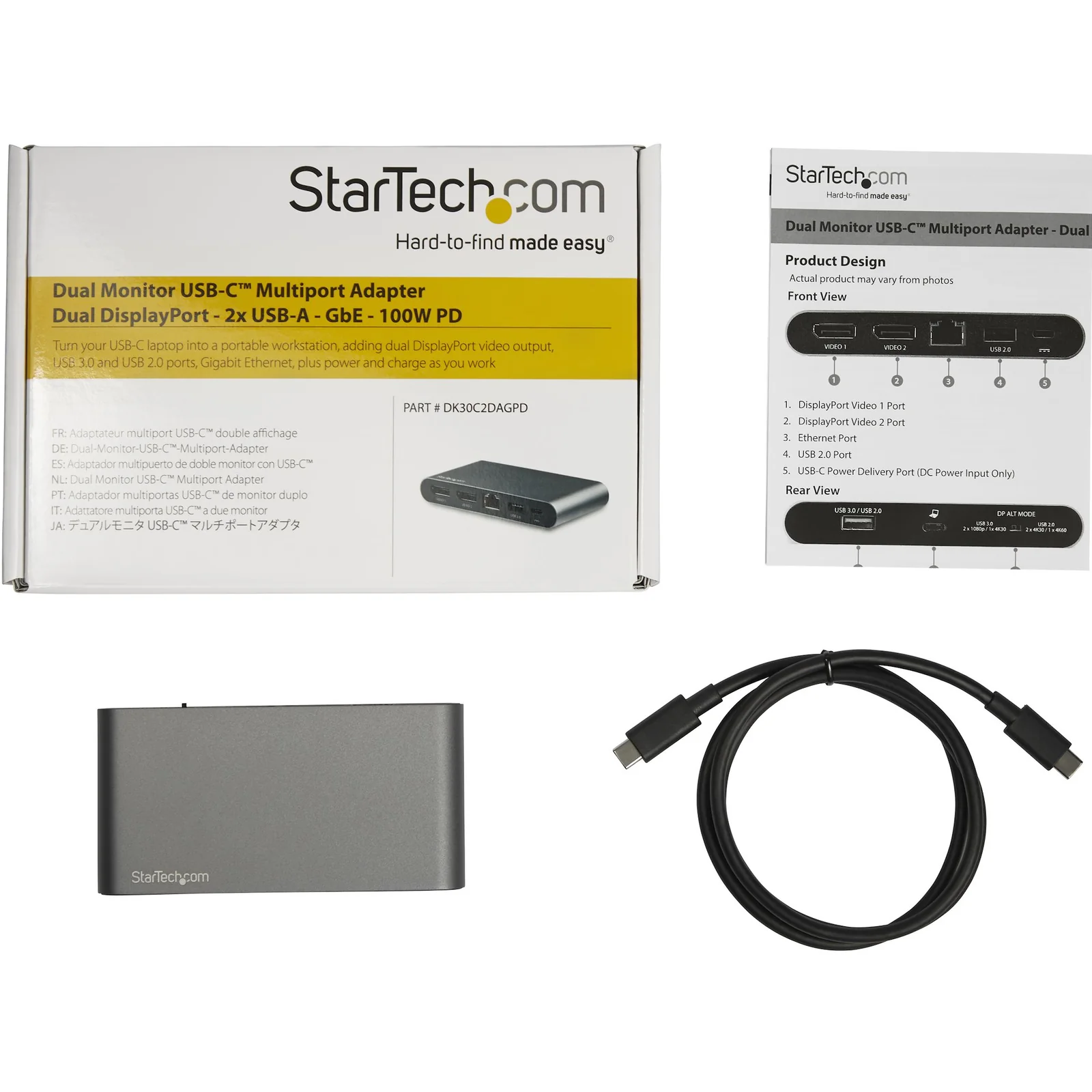 StarTech.com Dock USB-C à double affichage Displayport 4K - Mini Station d'Accueil - Power Delivery Passthrough 100 W - GbE - Hub USB-A 2 Ports - Adaptateur Multiport USB Type C - Câble 1m