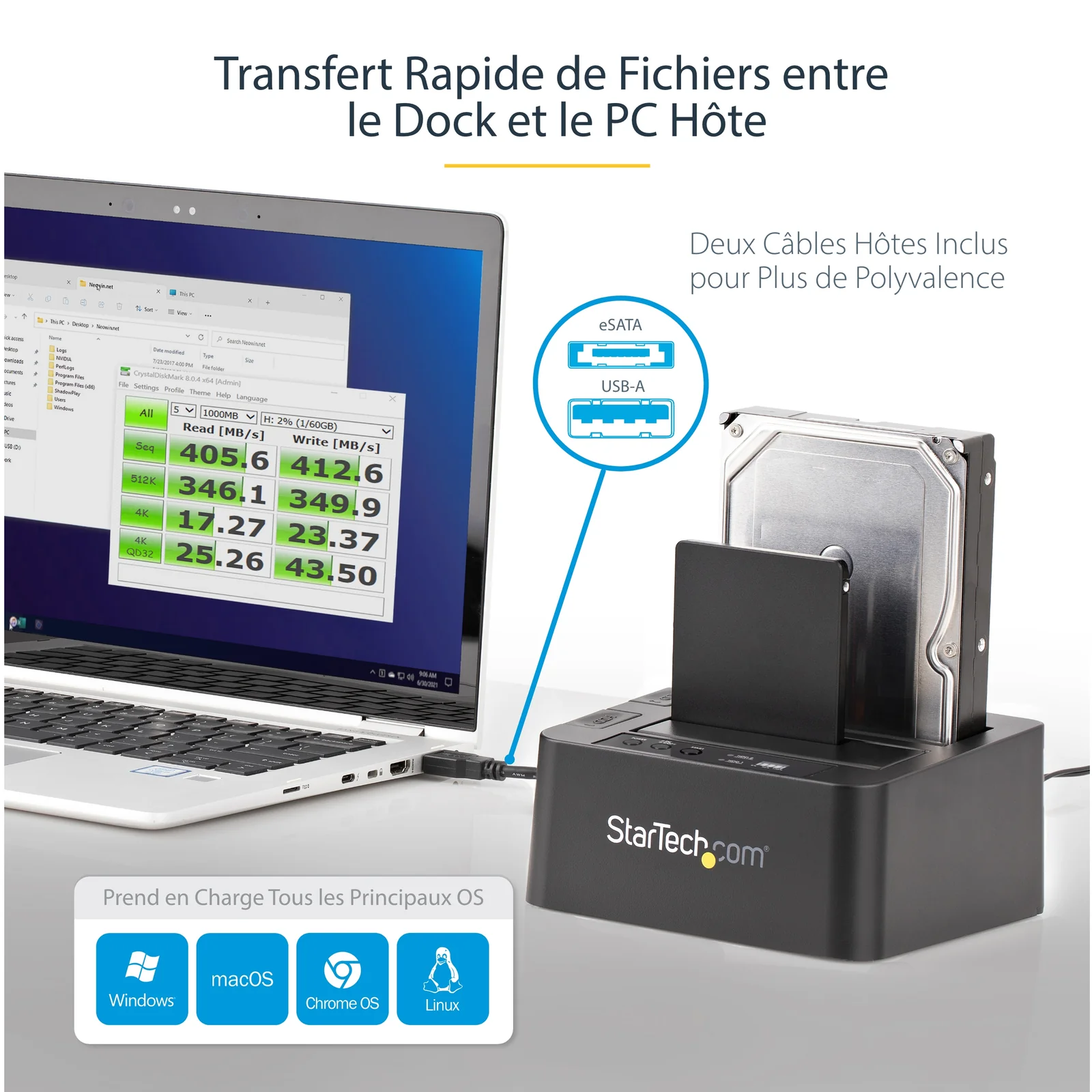StarTech.com Duplicateur de Disque Dur à 2 Baies, Cloneur/Copieur Autonome USB 3.0 (5 Gbps) / eSATA vers 2,5/3,5" SATA III HDD/SSD, Station d'accueil pour Disque Dur, Cloneur de Disque Dur
