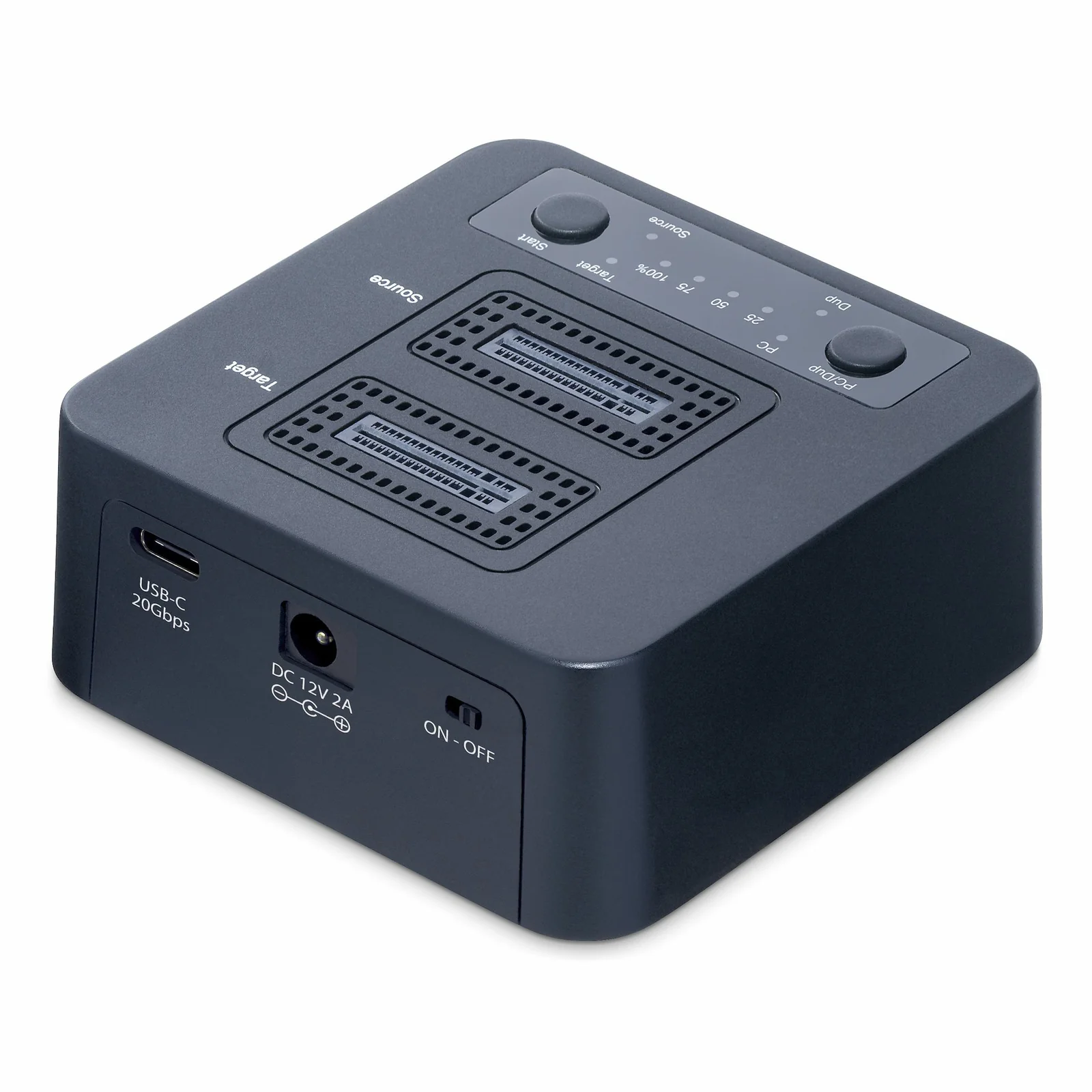 Vue arrière de la station de duplication M.2 NVMe montrant le port USB-C 20 Gbps, la prise d'alimentation DC 12V 2A et l'interrupteur ON-OFF