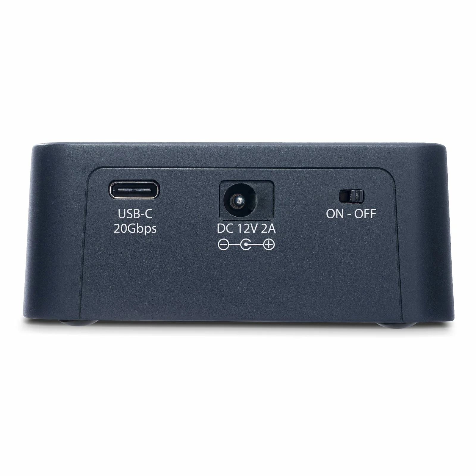 Panneau arrière de la station de duplication M.2 NVMe avec port USB-C 20 Gbps, connecteur d'alimentation DC 12V 2A et interrupteur marche-arrêt