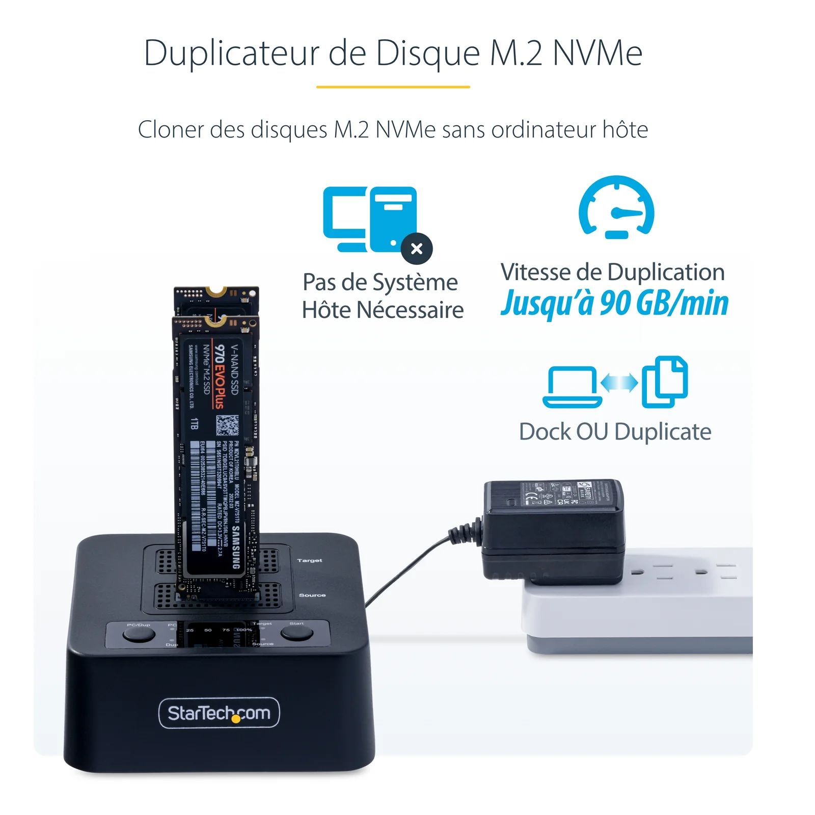 Infographie de clonage autonome M.2 NVMe illustrant la duplication sans ordinateur hôte jusqu'à 90 GB/min avec un SSD inséré et un adaptateur secteur branché