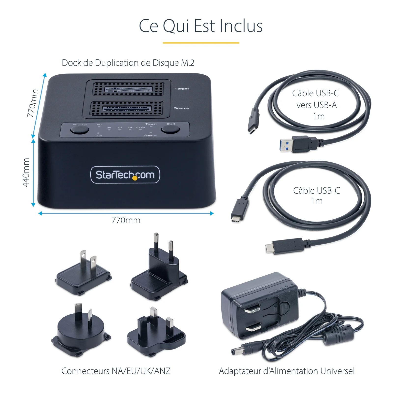 Contenu de la boîte avec la station M.2, câble USB-C vers USB-A 1m, câble USB-C 1m, adaptateur secteur universel et quatre embouts de prise NA/EU/UK/ANZ avec dimensions