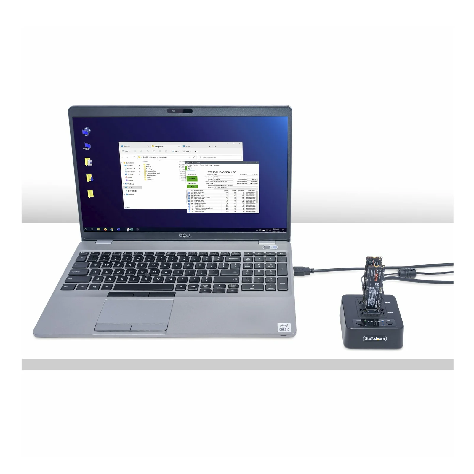 Station de duplication M.2 NVMe connectée via USB à un ordinateur portable Dell sous Windows affichant les propriétés du disque dans l'explorateur de fichiers
