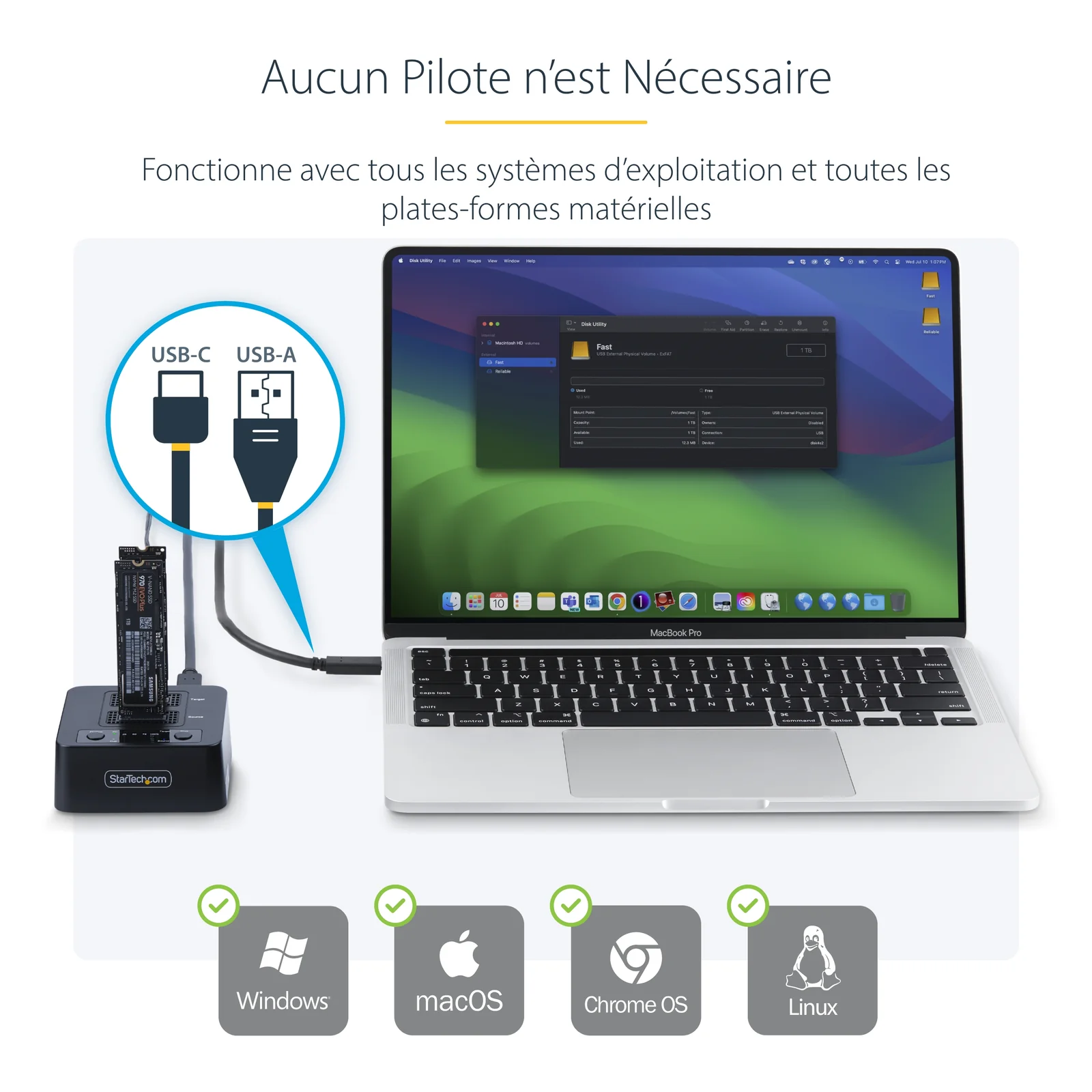 Infographie de compatibilité multi-OS montrant la station connectée à un MacBook Pro via câble USB-C ou USB-A, compatible Windows, macOS, Chrome OS et Linux