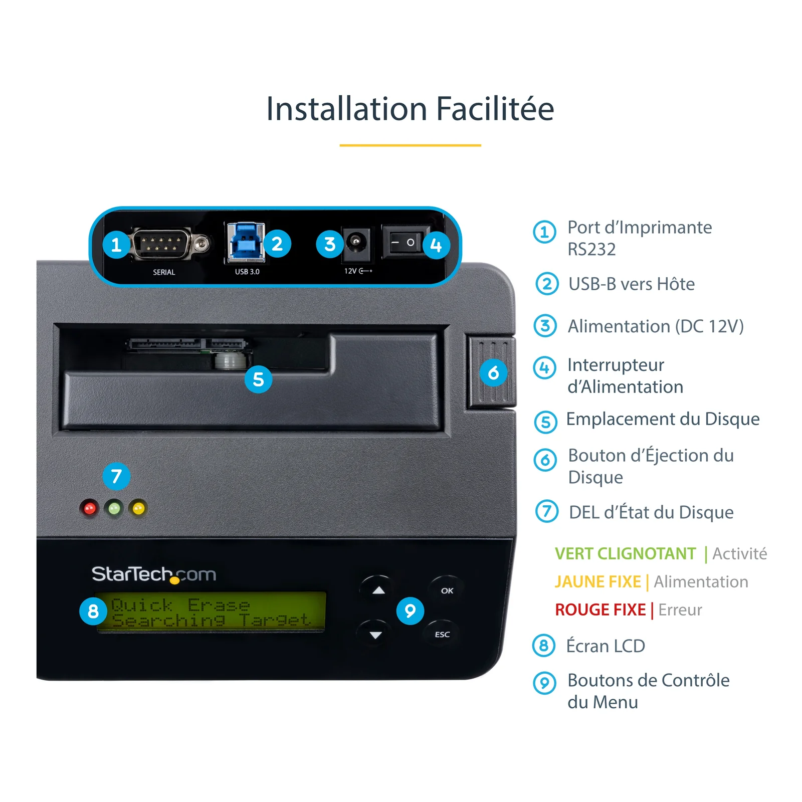 StarTech.com Effaceur de Disque Dur à Baie Unique, Nettoyeur d'HDD/SSD Autonome, 4Kn, USB 3.0 à SATA III (6 Gbps), 9 Modes d'Effacement, Dock Nettoyeur de Disque Dur Secure Erase, Port d'Imprimante DB-9, TAA