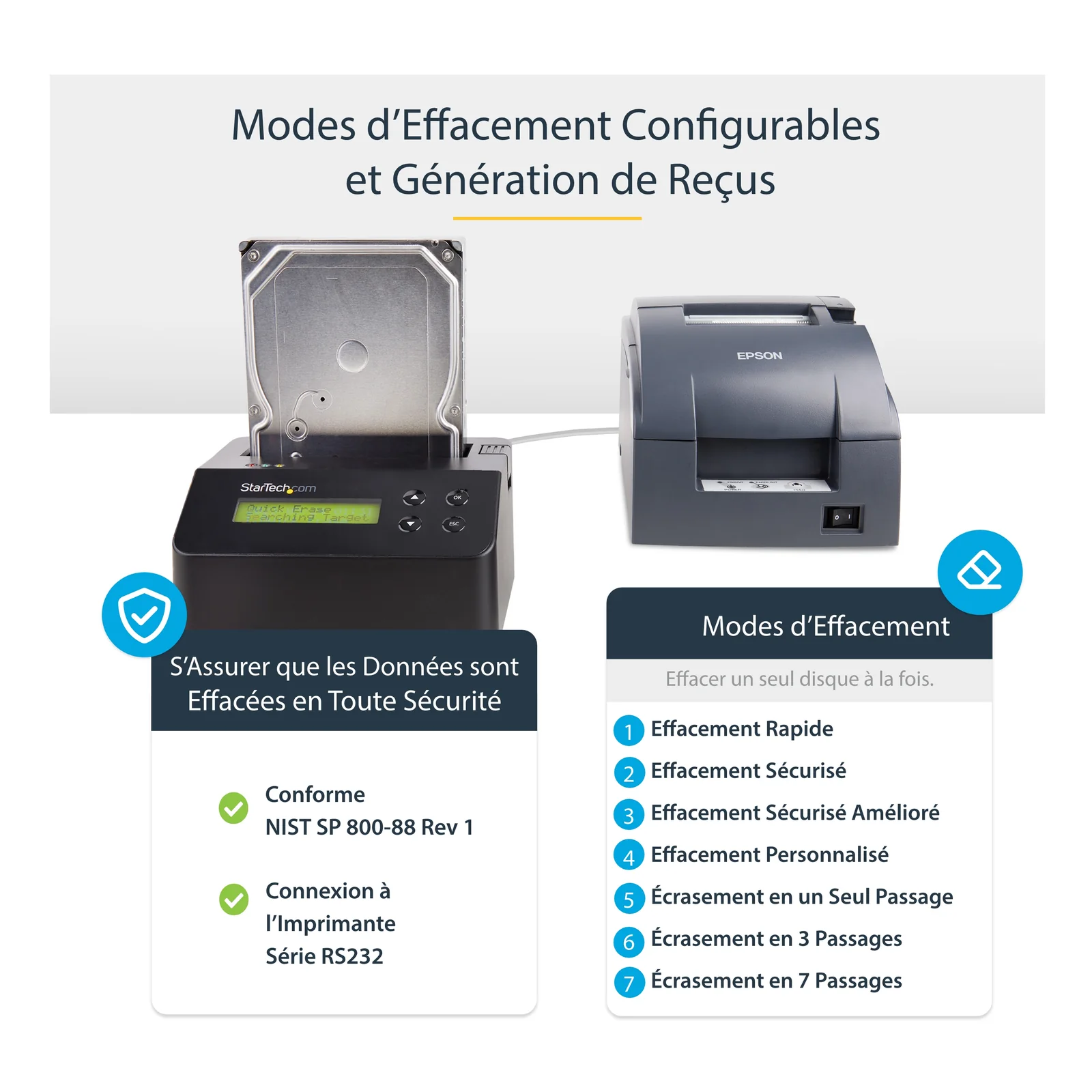 StarTech.com Effaceur de Disque Dur à Baie Unique, Nettoyeur d'HDD/SSD Autonome, 4Kn, USB 3.0 à SATA III (6 Gbps), 9 Modes d'Effacement, Dock Nettoyeur de Disque Dur Secure Erase, Port d'Imprimante DB-9, TAA