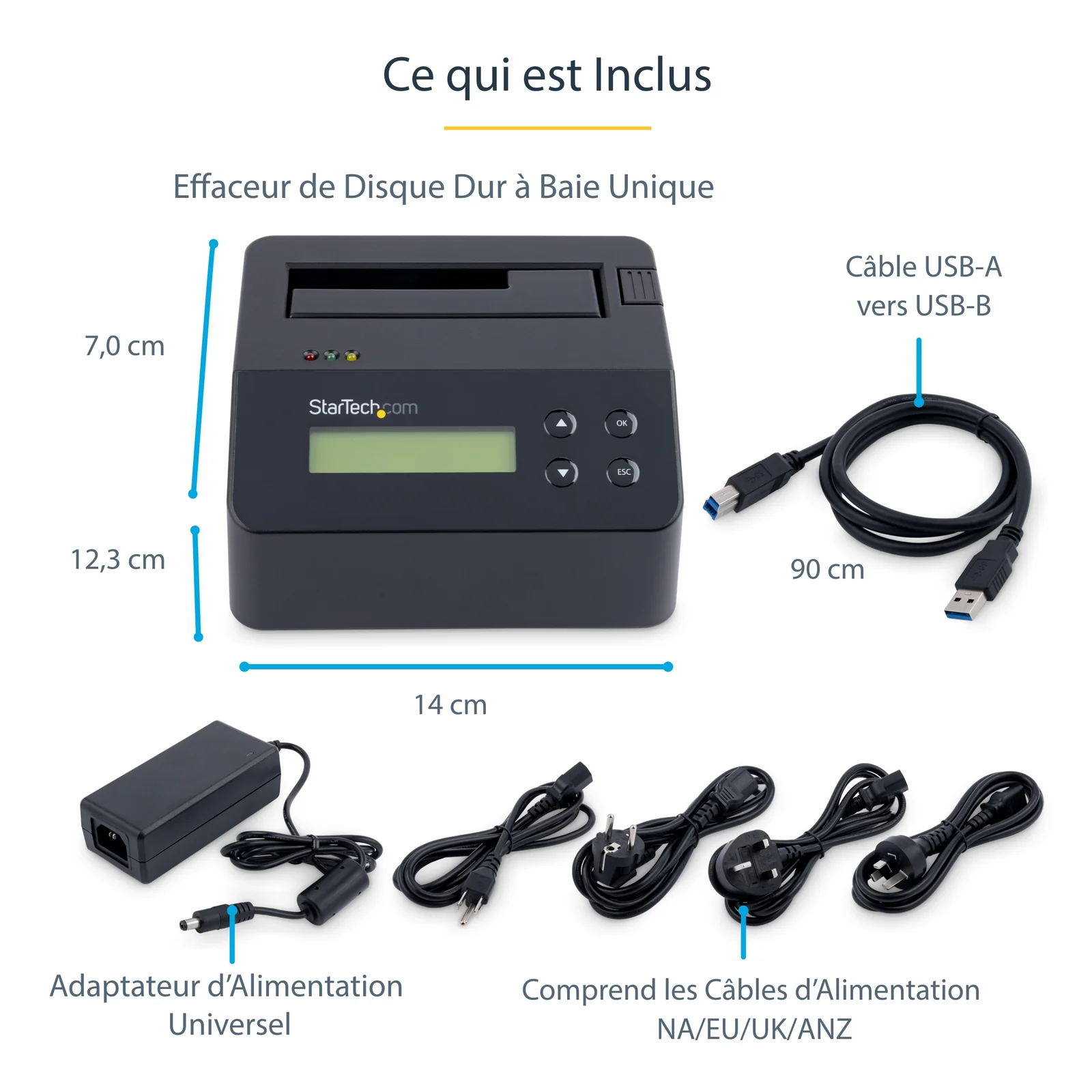 StarTech.com Effaceur de Disque Dur à Baie Unique, Nettoyeur d'HDD/SSD Autonome, 4Kn, USB 3.0 à SATA III (6 Gbps), 9 Modes d'Effacement, Dock Nettoyeur de Disque Dur Secure Erase, Port d'Imprimante DB-9, TAA