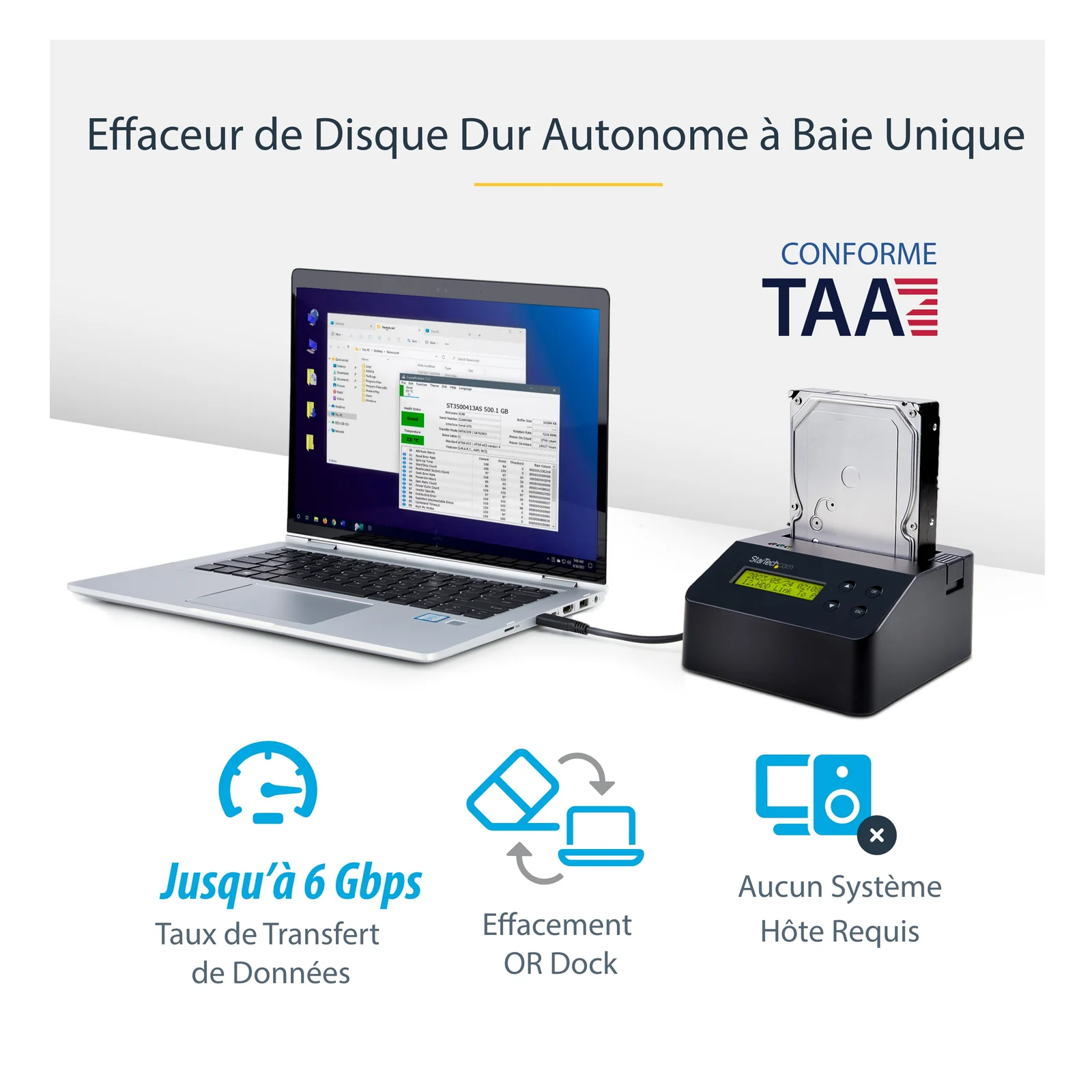 StarTech.com Effaceur de Disque Dur à Baie Unique, Nettoyeur d'HDD/SSD Autonome, 4Kn, USB 3.0 à SATA III (6 Gbps), 9 Modes d'Effacement, Dock Nettoyeur de Disque Dur Secure Erase, Port d'Imprimante DB-9, TAA