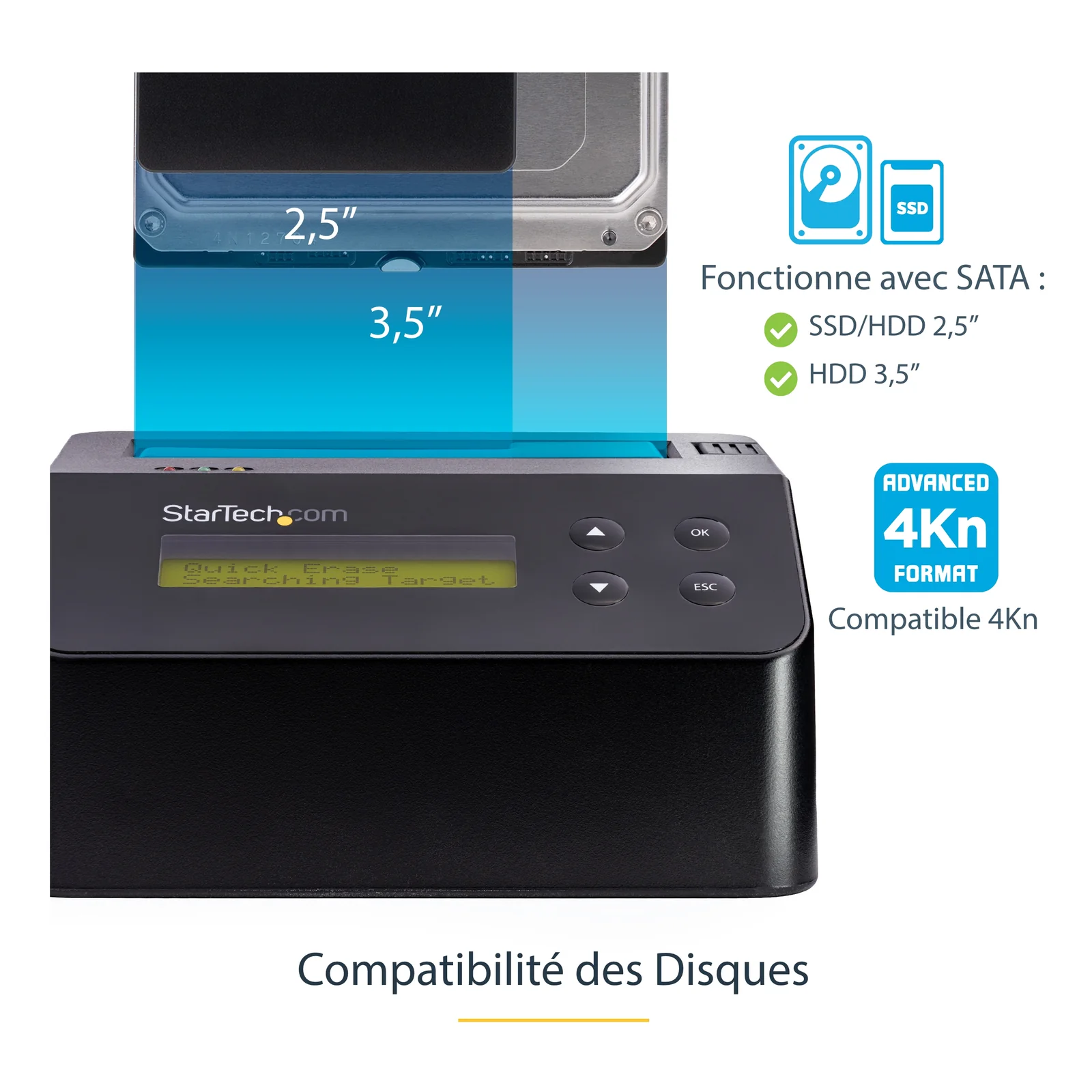 StarTech.com Effaceur de Disque Dur à Baie Unique, Nettoyeur d'HDD/SSD Autonome, 4Kn, USB 3.0 à SATA III (6 Gbps), 9 Modes d'Effacement, Dock Nettoyeur de Disque Dur Secure Erase, Port d'Imprimante DB-9, TAA