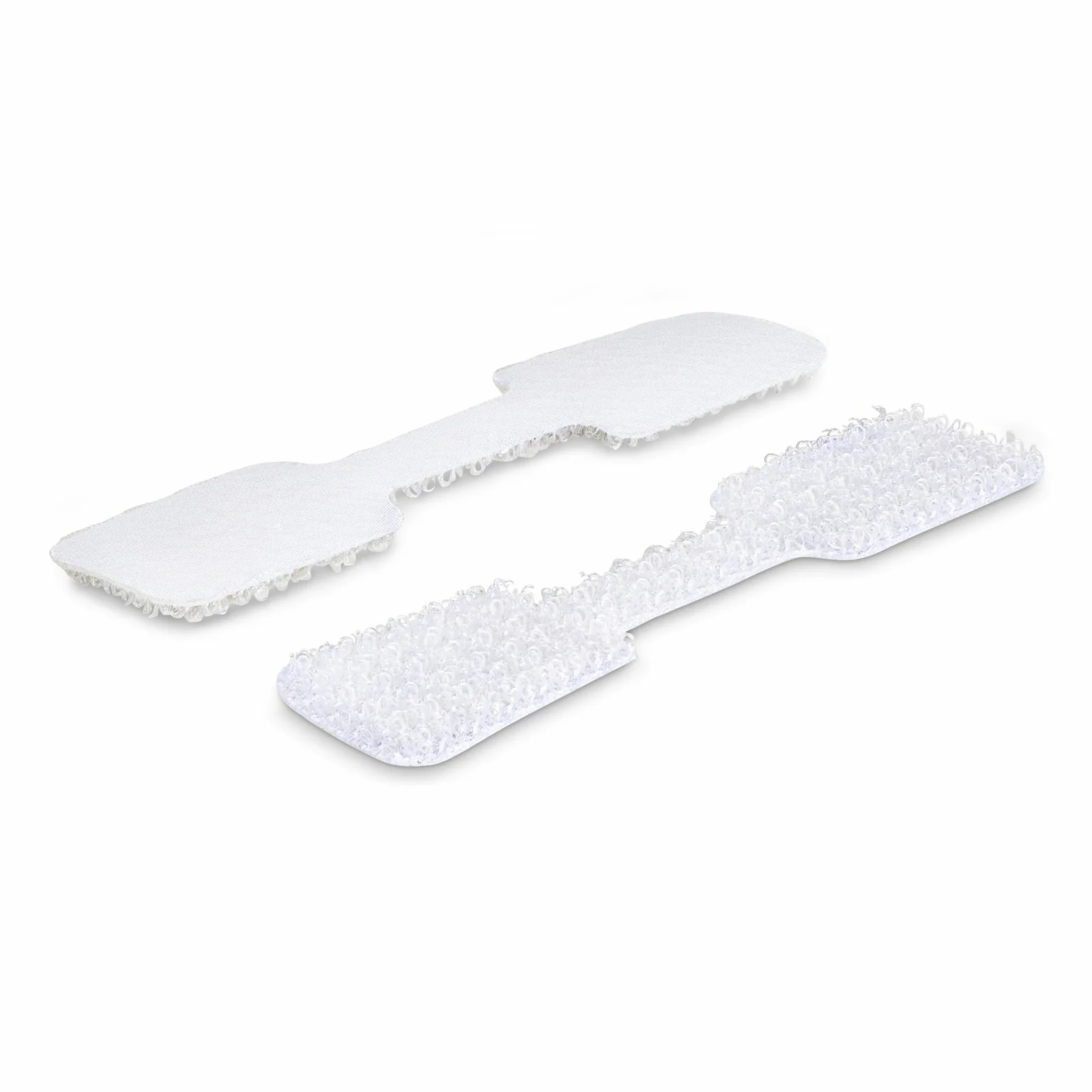 Vue des deux faces d'une étiquette pour câble blanche ouverte à plat, côté velours doux et côté crochets transparents visibles
