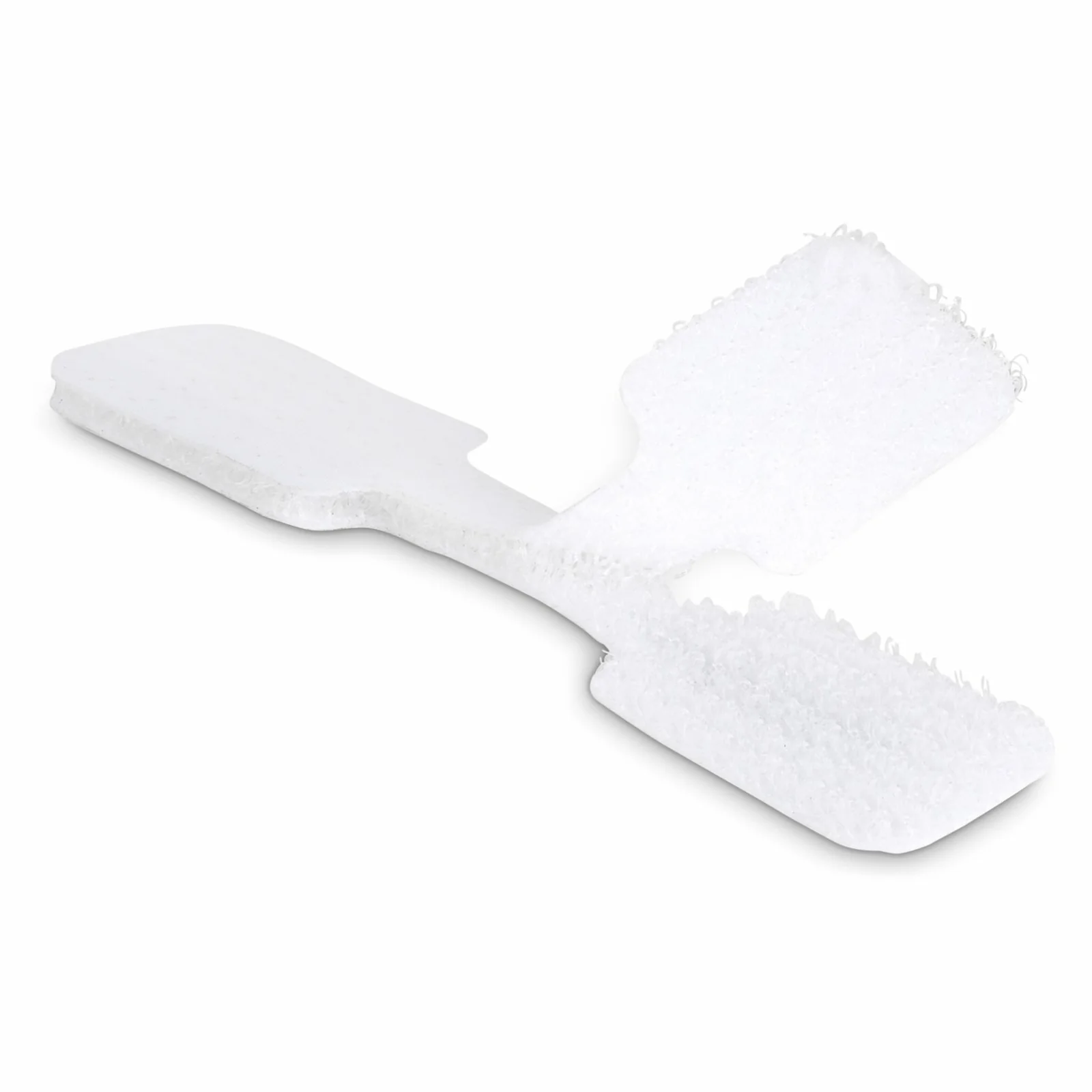 Étiquette pour câble blanche vue de profil en position fermée, montrant les deux extrémités rectangulaires repliées l'une sur l'autre
