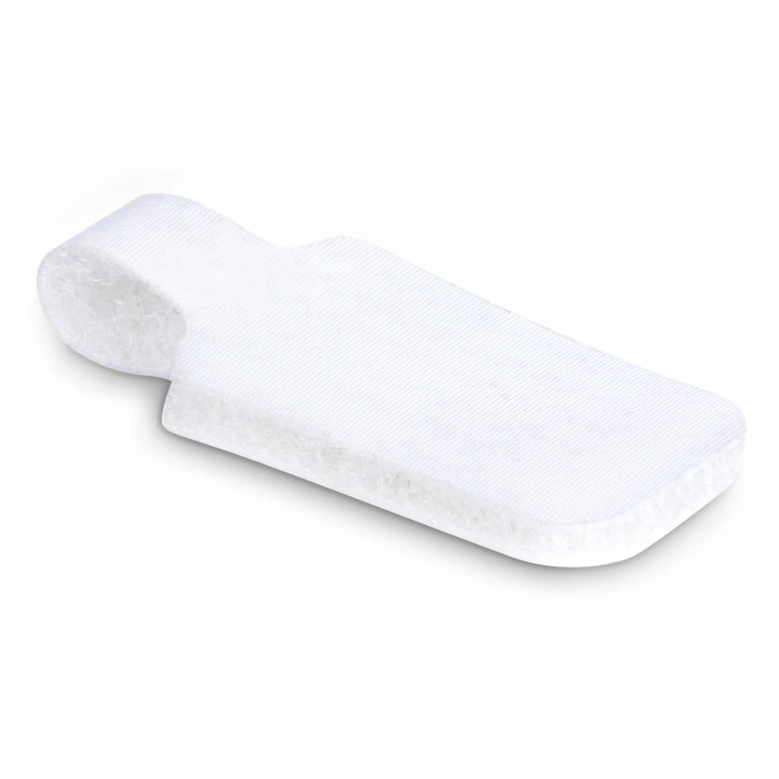 Gros plan sur la face supérieure d'une étiquette pour câble blanche fermée, texture velours tissé visible