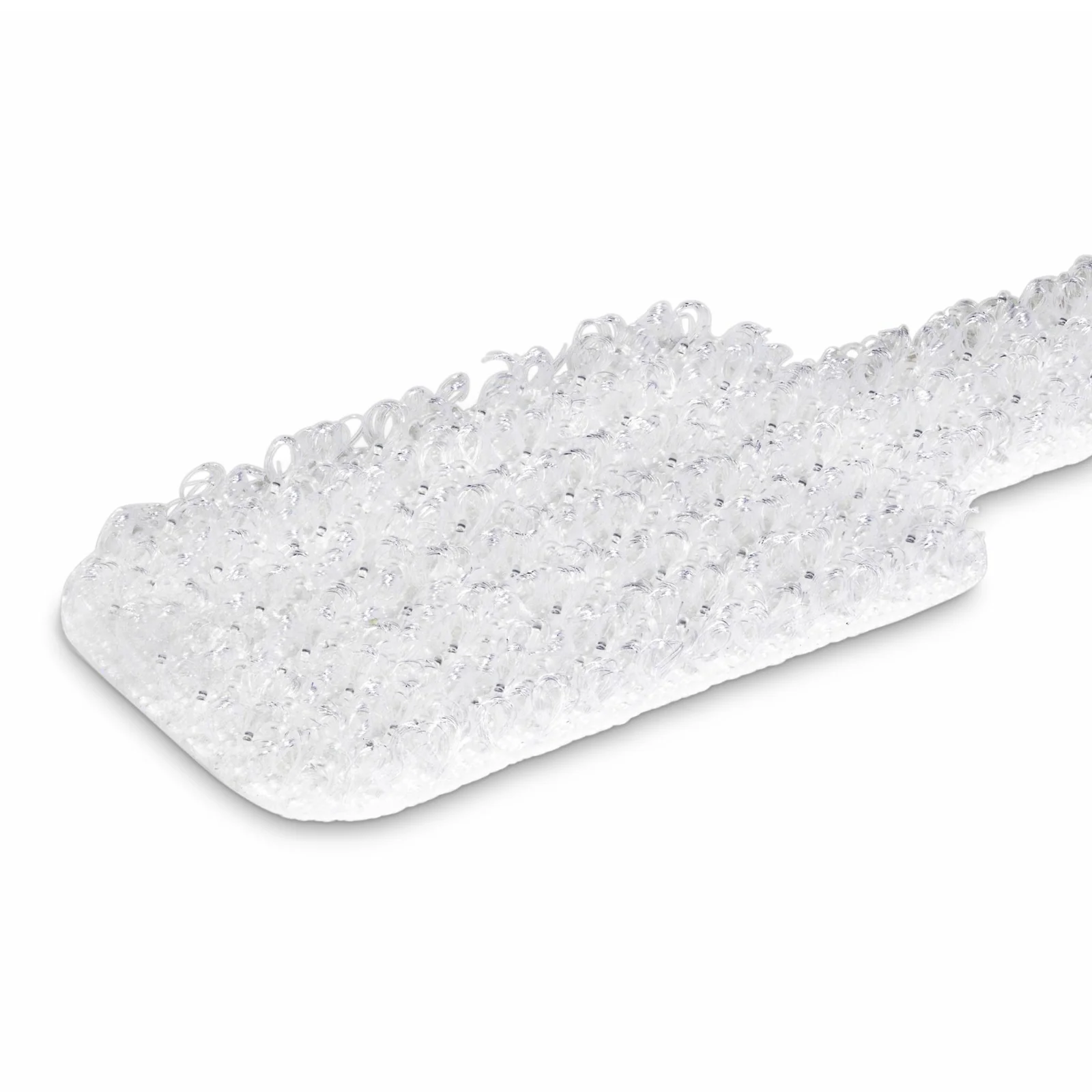 Gros plan en angle rasant sur la face crochets transparents d'une étiquette pour câble, microcrochets en plastique translucide visibles