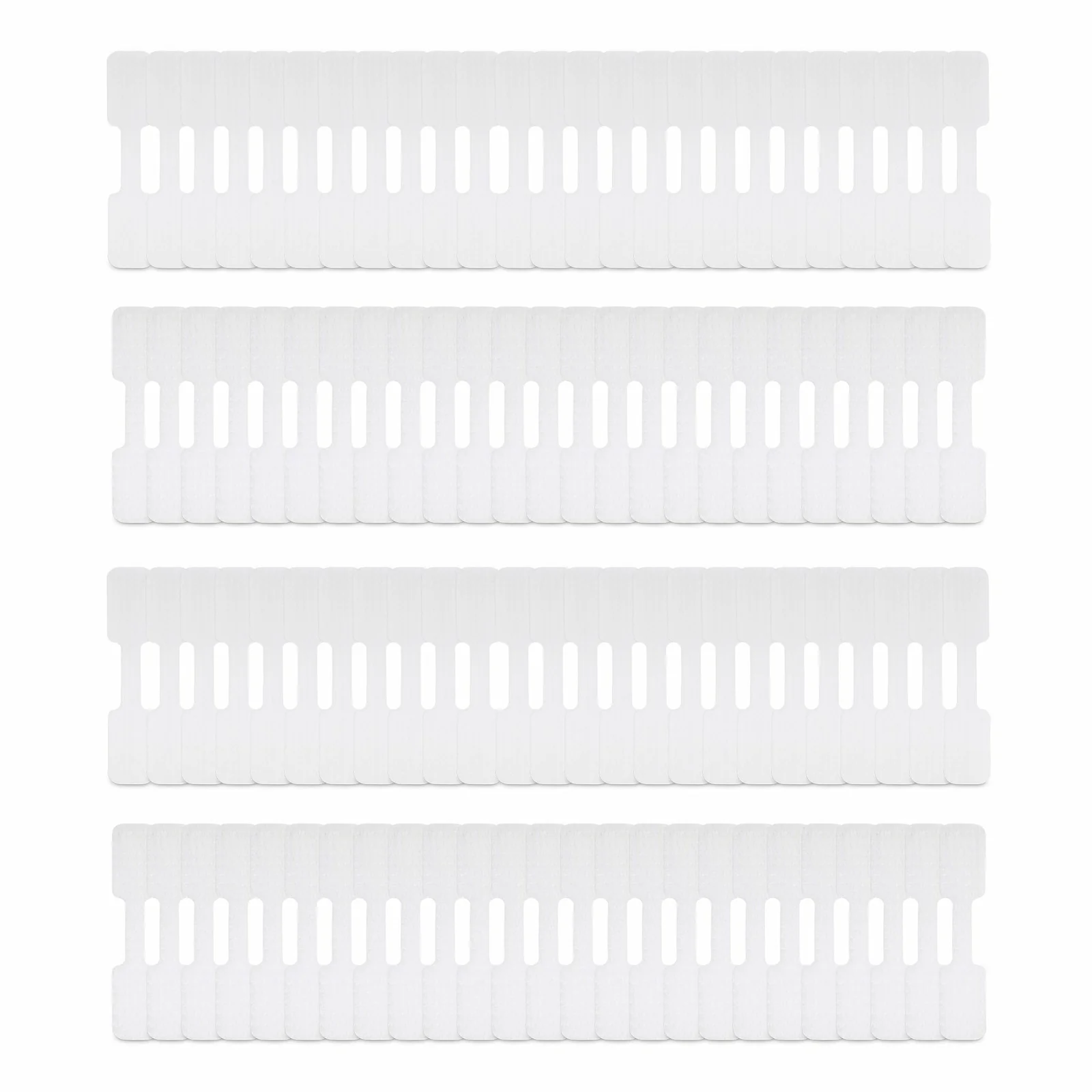 Quatre rangées d'étiquettes pour câble blanches vierges présentées à plat, lot de 100 unités attachées par feuilles