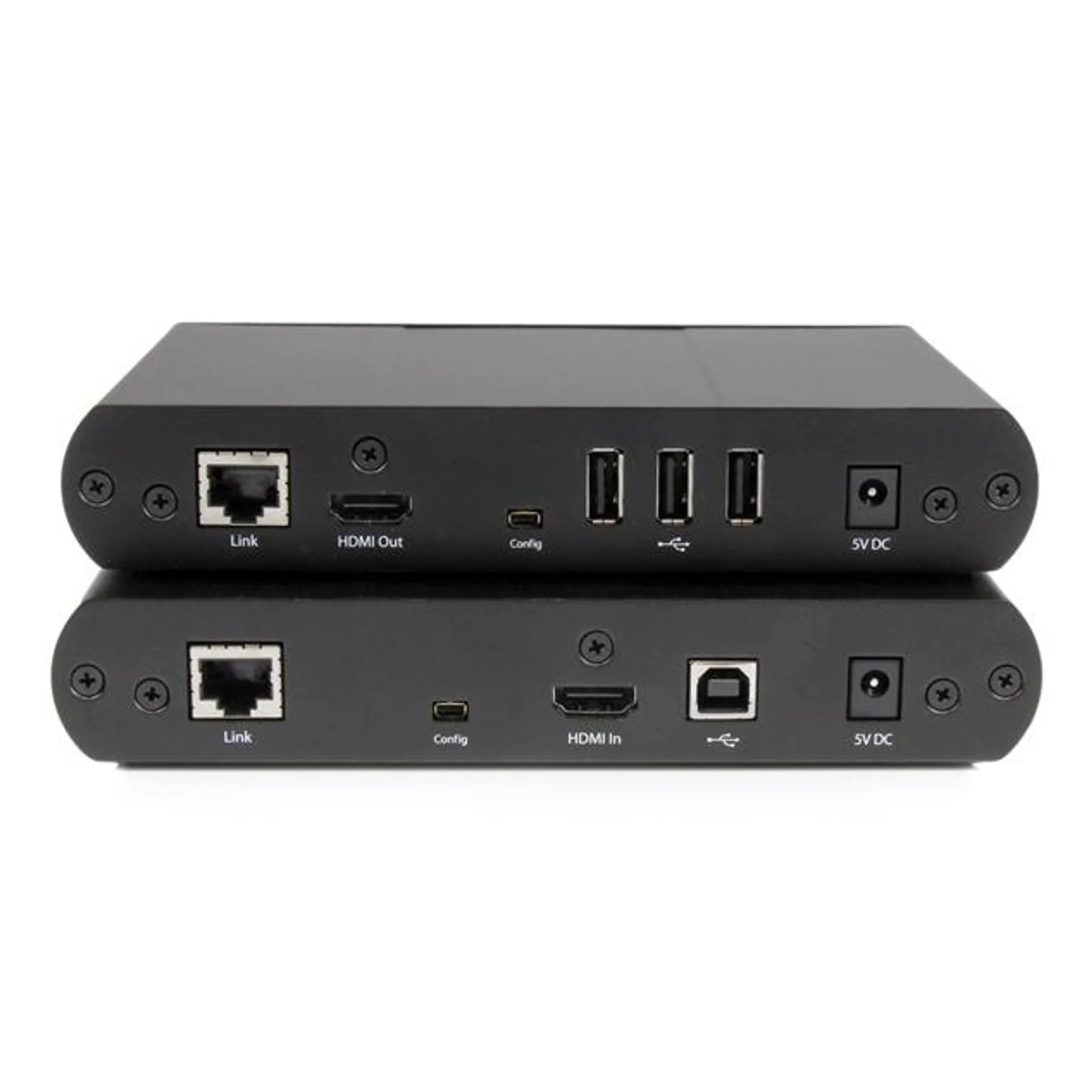 Face arrière des deux boîtiers montrant connecteurs RJ-45, HDMI In et Out, ports USB-A, USB-B, port Config et alimentation 5V DC