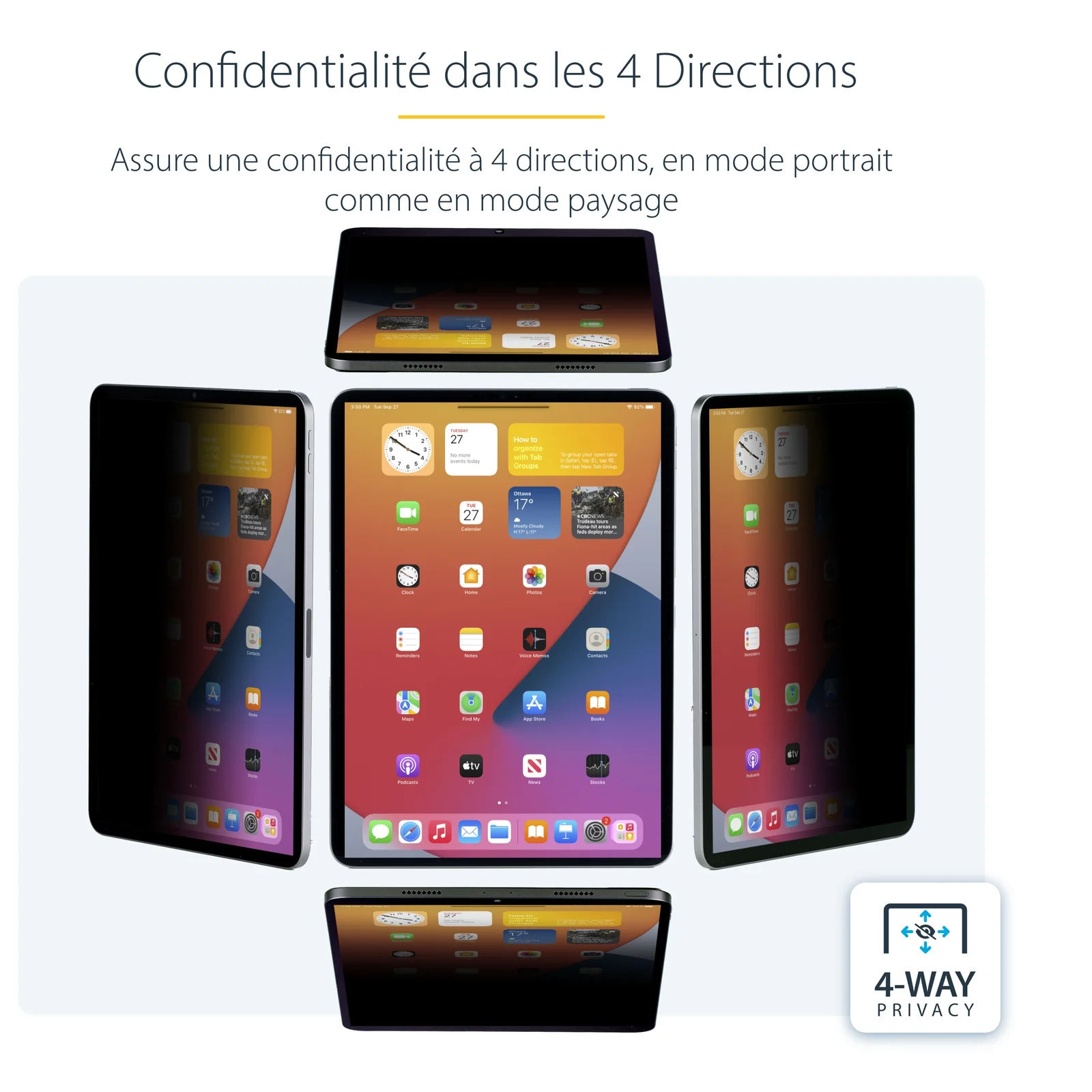 StarTech.com Filtre de Confidentialité à 4 Directions pour iPad Pro 12,9 pouces, 3e Génération et Supérieur, pour Portrait/Paysage, Écran de Protection iPad, +/- 30 Degrés de Vue, Filtre Anti Lumière Bleue