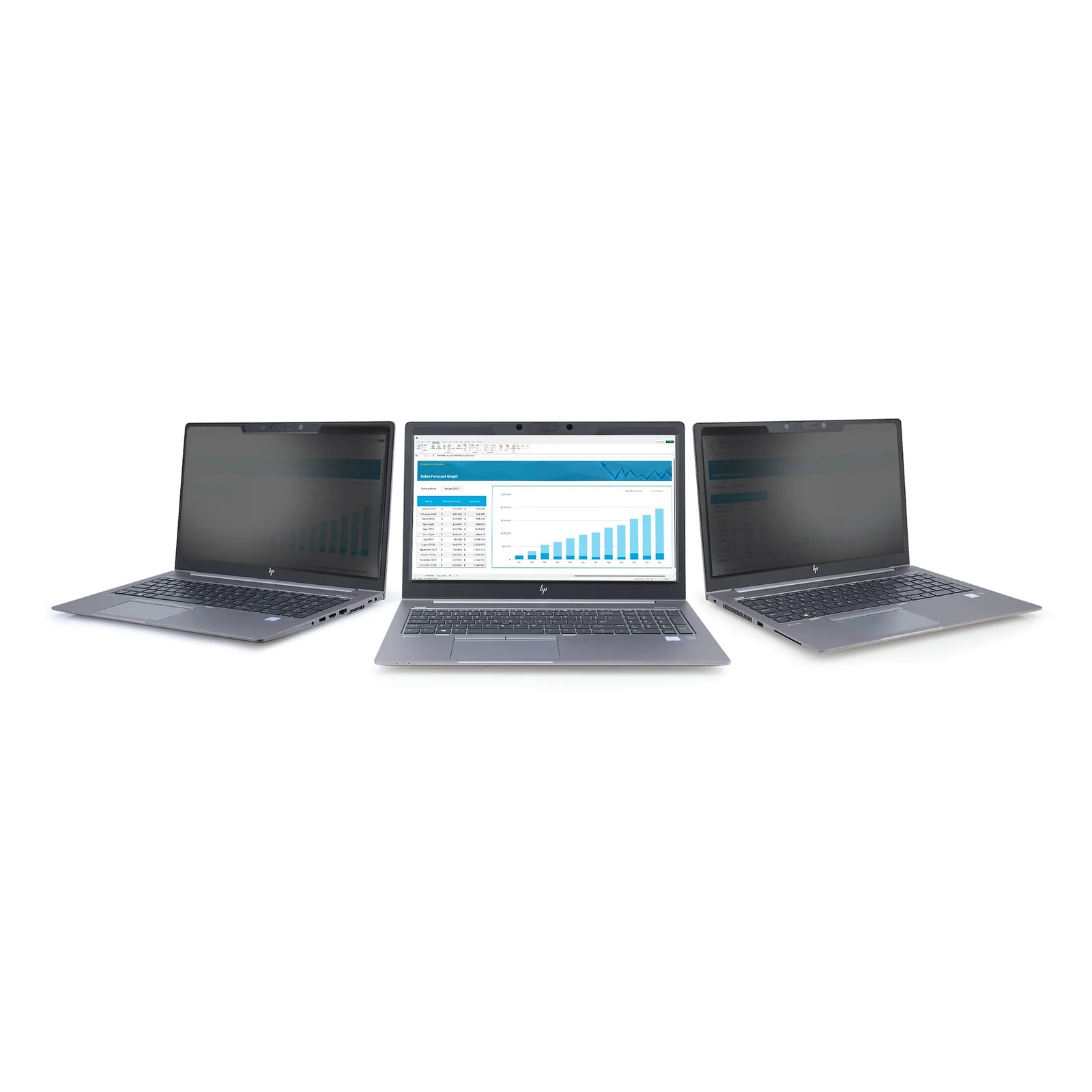 Trois laptops vus de face, celui du centre sans filtre affiche un tableur, ceux de gauche et droite équipés du filtre avec écran assombri