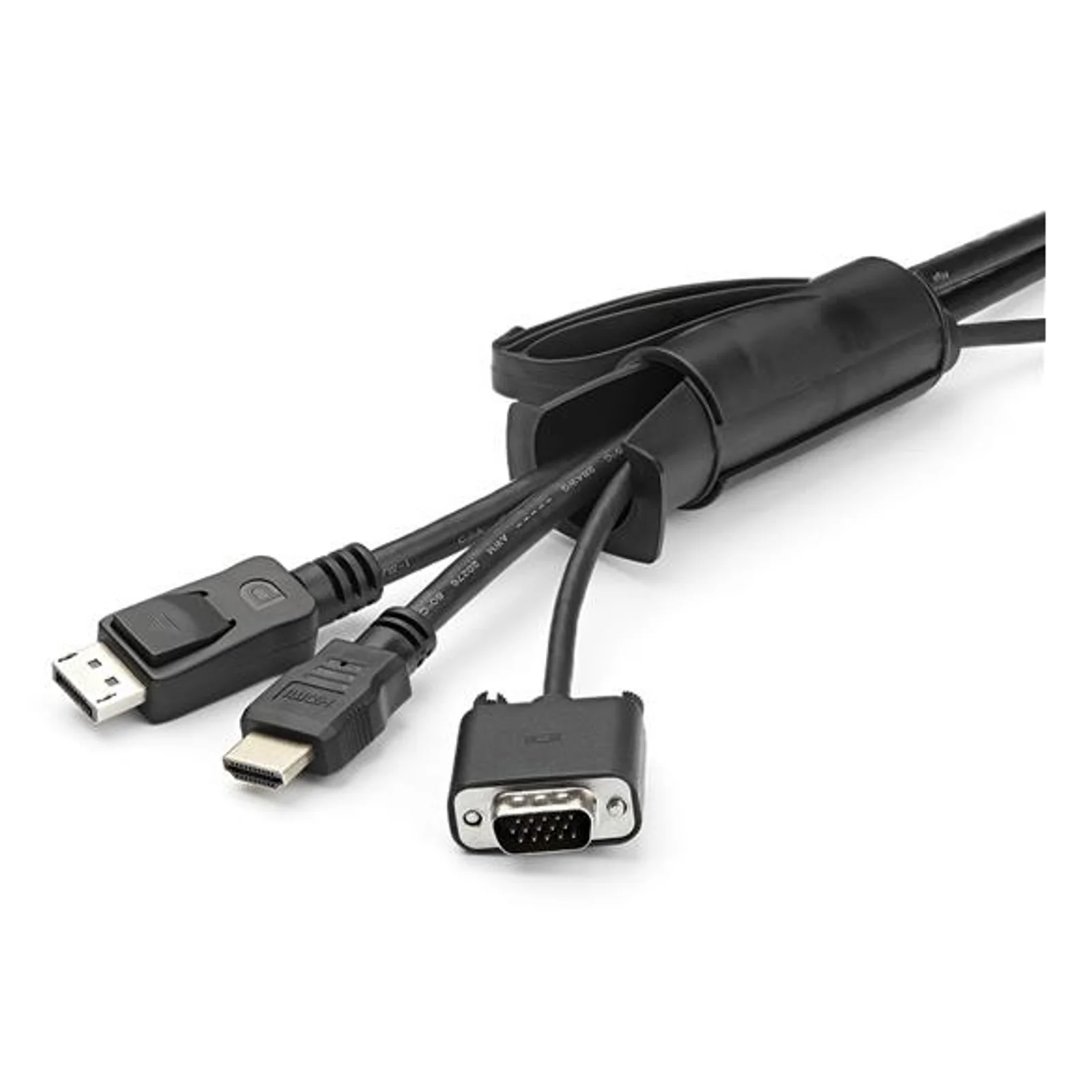 Vue de côté de la gaine spirale StarTech.com regroupant des câbles HDMI, DisplayPort et VGA