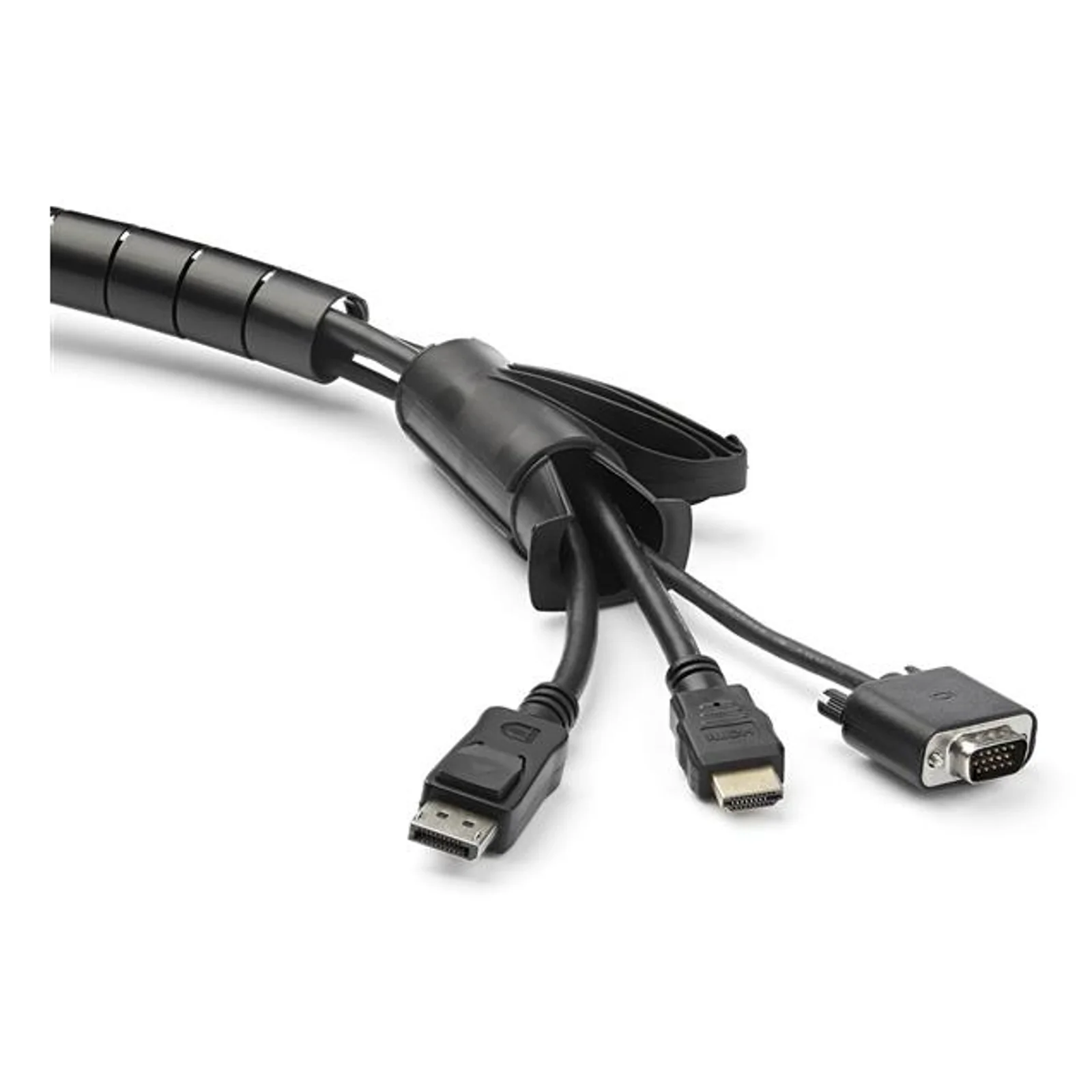 Gaine spirale StarTech.com vue de face, câbles HDMI, DisplayPort et VGA sortant de l'extrémité