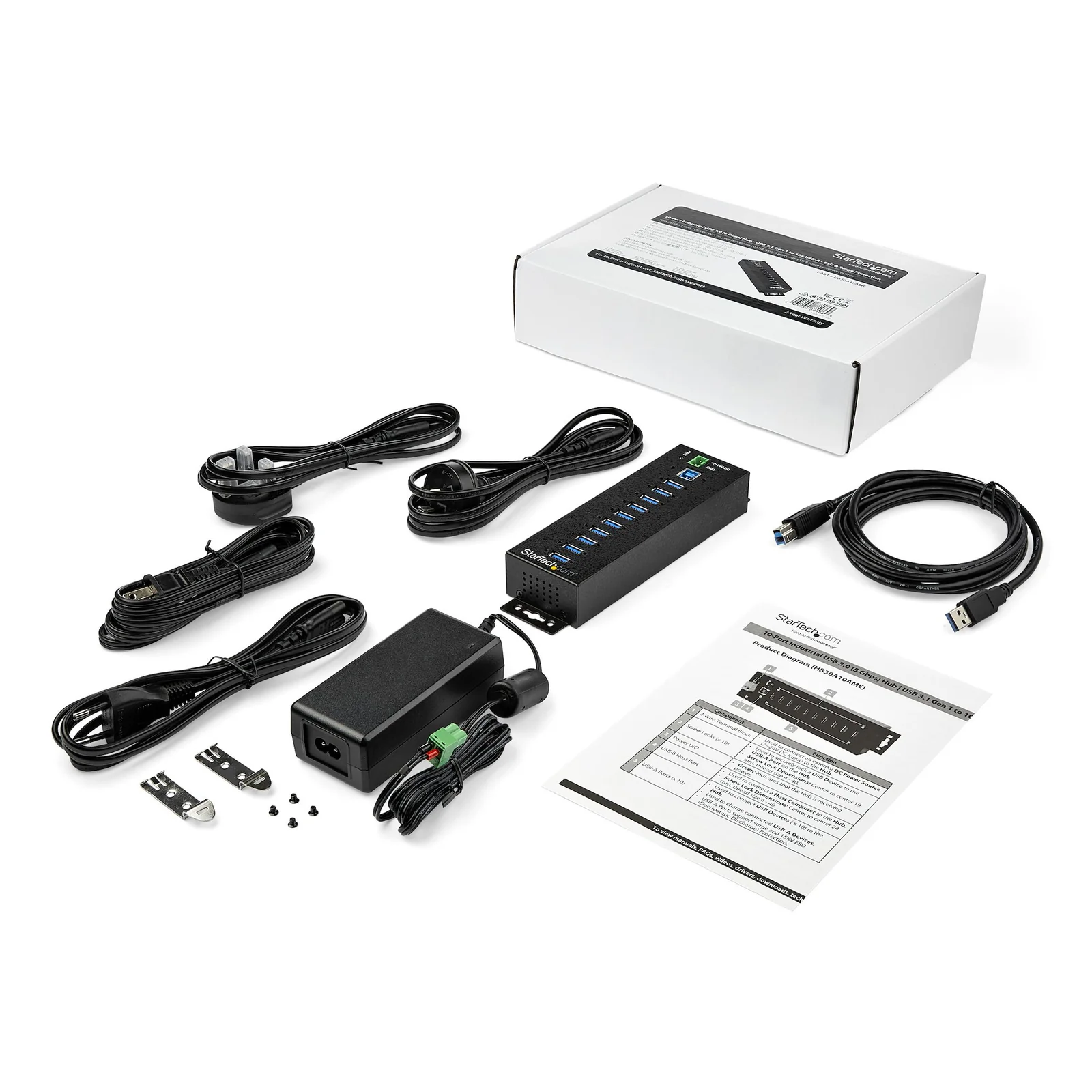 StarTech.com Hub USB 3.0 10 ports avec adaptateur d'alimentation - Hub USB-A industriel en métal avec protection contre les décharges électrostatiques et les surtensions de 350W - Montable sur Din/Mur/Bureau - Hub USB 3.2 Gen 1 (5Gbps) haut débit