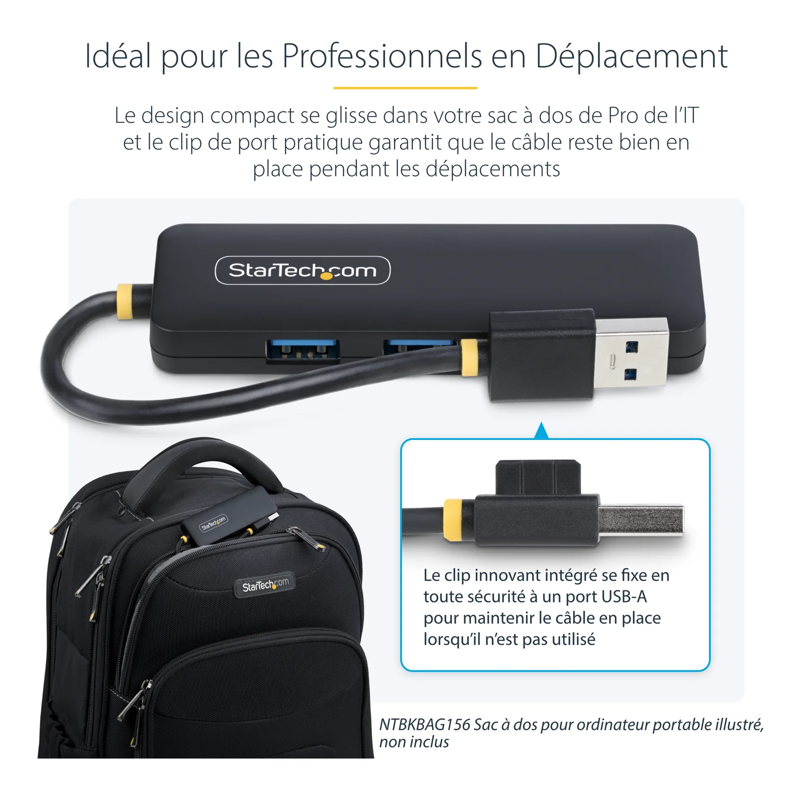 Infographie montrant le hub USB-A inséré dans un sac à dos professionnel et le clip de maintien du câble en gros plan