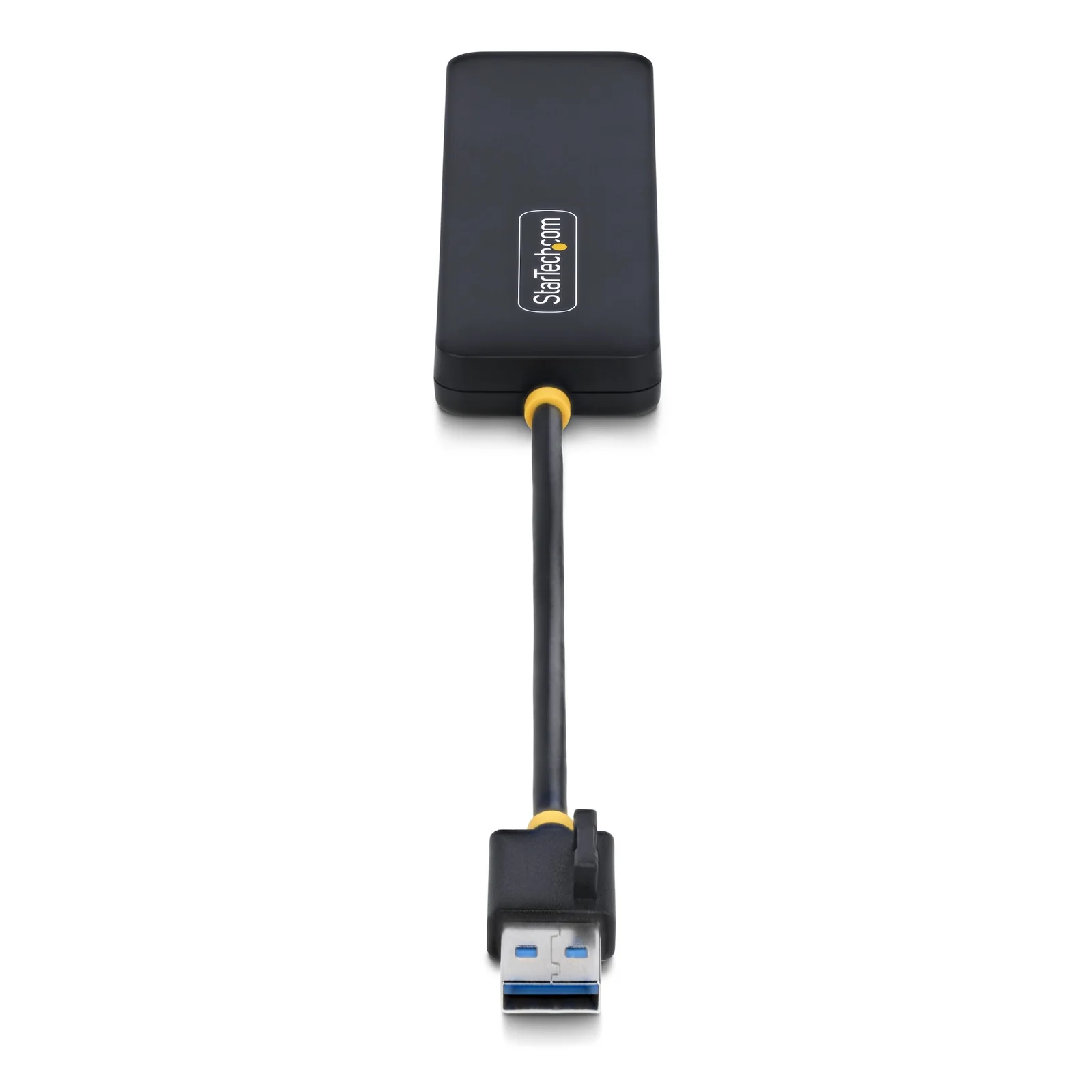 Vue de dessus du hub USB-A 4 ports noir, câble noir avec bagues jaunes reliant le connecteur USB-A mâle au boîtier, deux ports USB-A bleus visibles