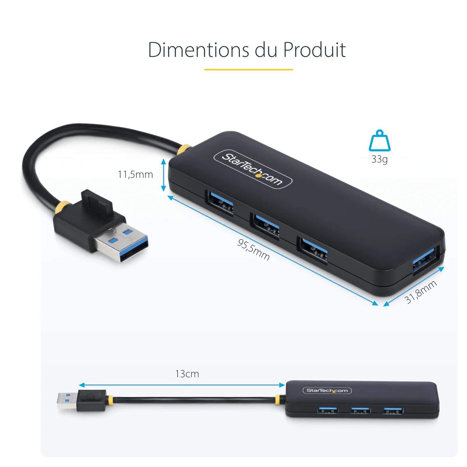 Schéma des dimensions du hub USB-A 4 ports noir avec cotes annotées en bleu, 95,5 x 31,8 x 11,5 mm, poids 33 g et longueur totale 13 cm câble inclus