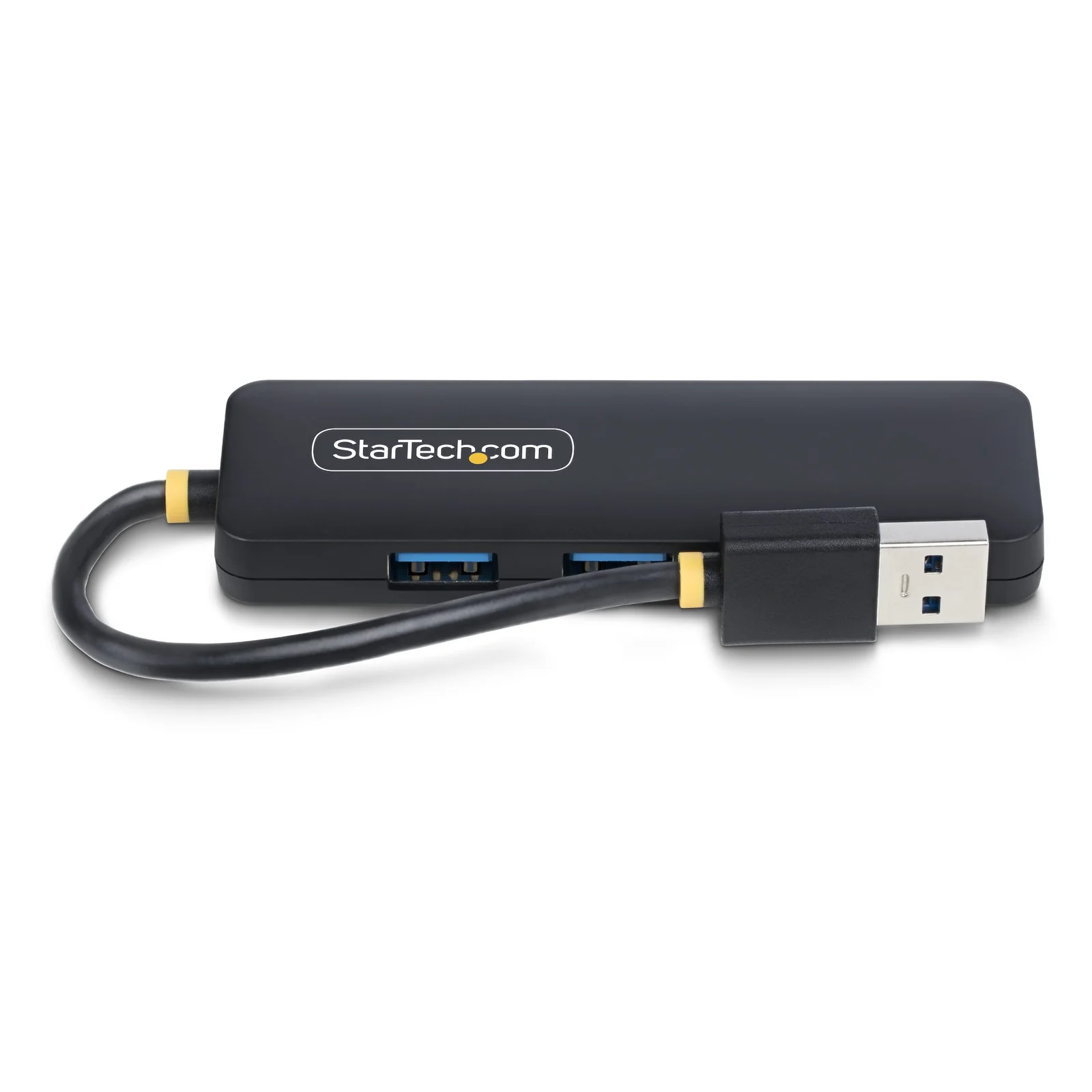 Hub USB-A 4 ports noir vu de côté avec câble replié, connecteur USB-A mâle et deux ports USB-A à languettes bleues visibles sur le flanc