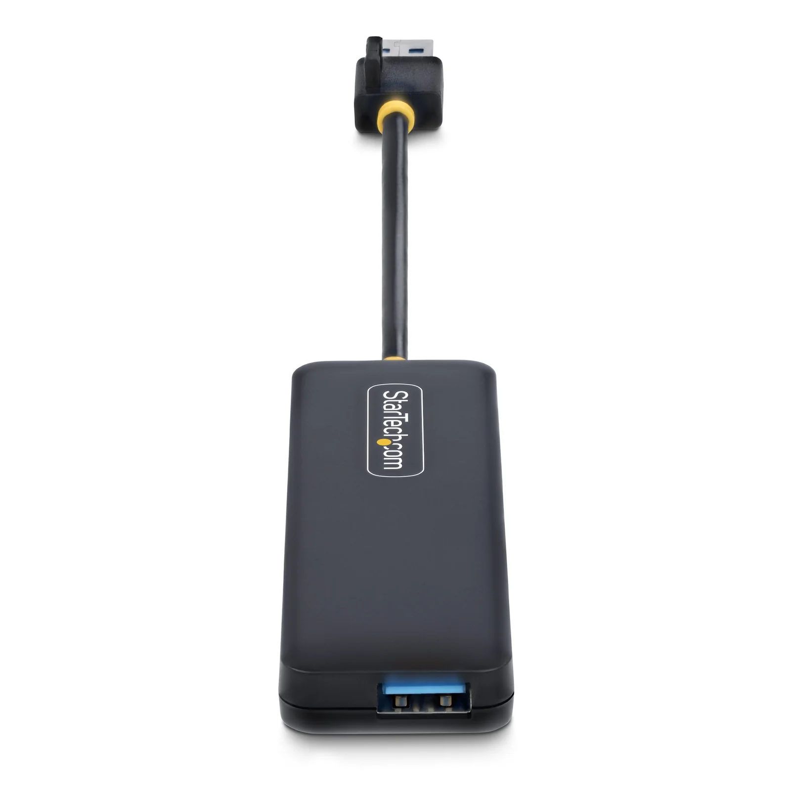 Vue de face du corps du hub USB-A noir en position verticale, un port USB-A à languette bleue visible en bas, câble remontant vers le connecteur hôte en haut