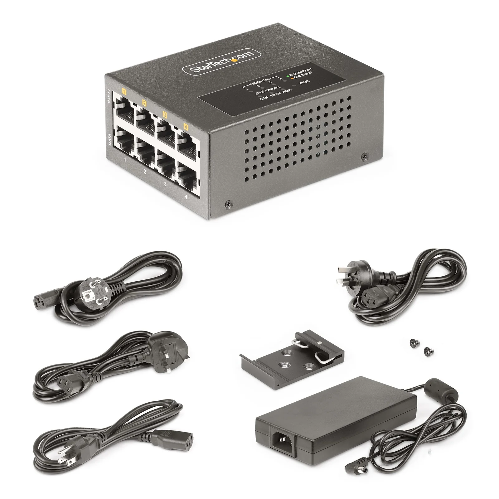 StarTech.com Injecteur PoE++ Multi-Gigabit à 4 Ports, Ethernet 5/2.5/1G (NBASE-T), PoE/PoE+/PoE++ (802.3af/802.3at/802.3bt), Puissance Absorbée 160Watts, Montage Mural/Rail DIN, Non Géré