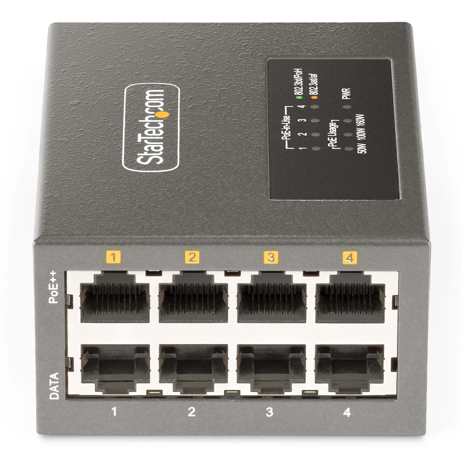 StarTech.com Injecteur PoE++ Multi-Gigabit à 4 Ports, Ethernet 5/2.5/1G (NBASE-T), PoE/PoE+/PoE++ (802.3af/802.3at/802.3bt), Puissance Absorbée 160Watts, Montage Mural/Rail DIN, Non Géré