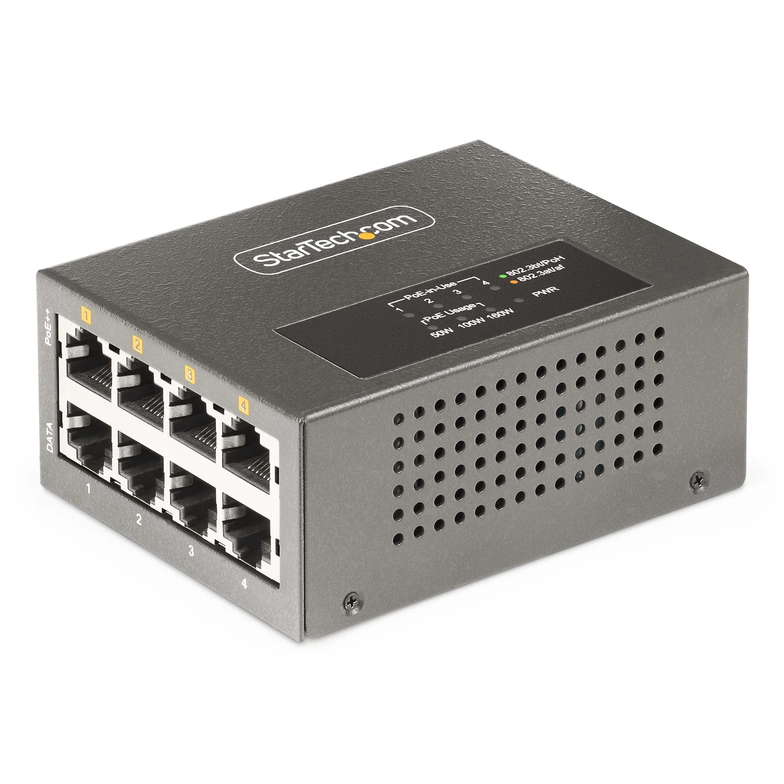 Injecteur PoE++ Multi-Gigabit à 4 Ports, Ethernet 5/2.5/1G (NBASE-T), PoE/PoE+/PoE++ (802.3af/802.3at/802.3bt), Puissance Absorbée 160Watts, Montage Mural/Rail DIN, Non Géré