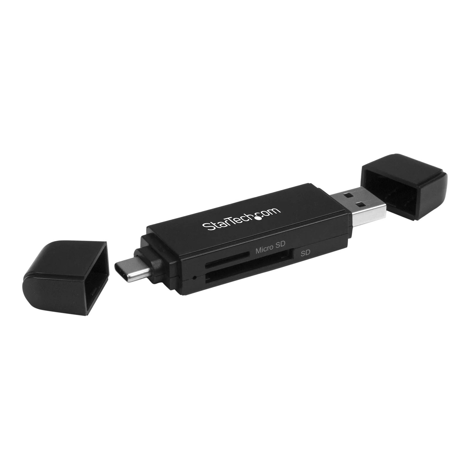 Lecteur de carte noir avec capuchons retirés, connecteur USB-A d'un côté et connecteur USB-C de l'autre, fentes microSD et SD visibles au centre