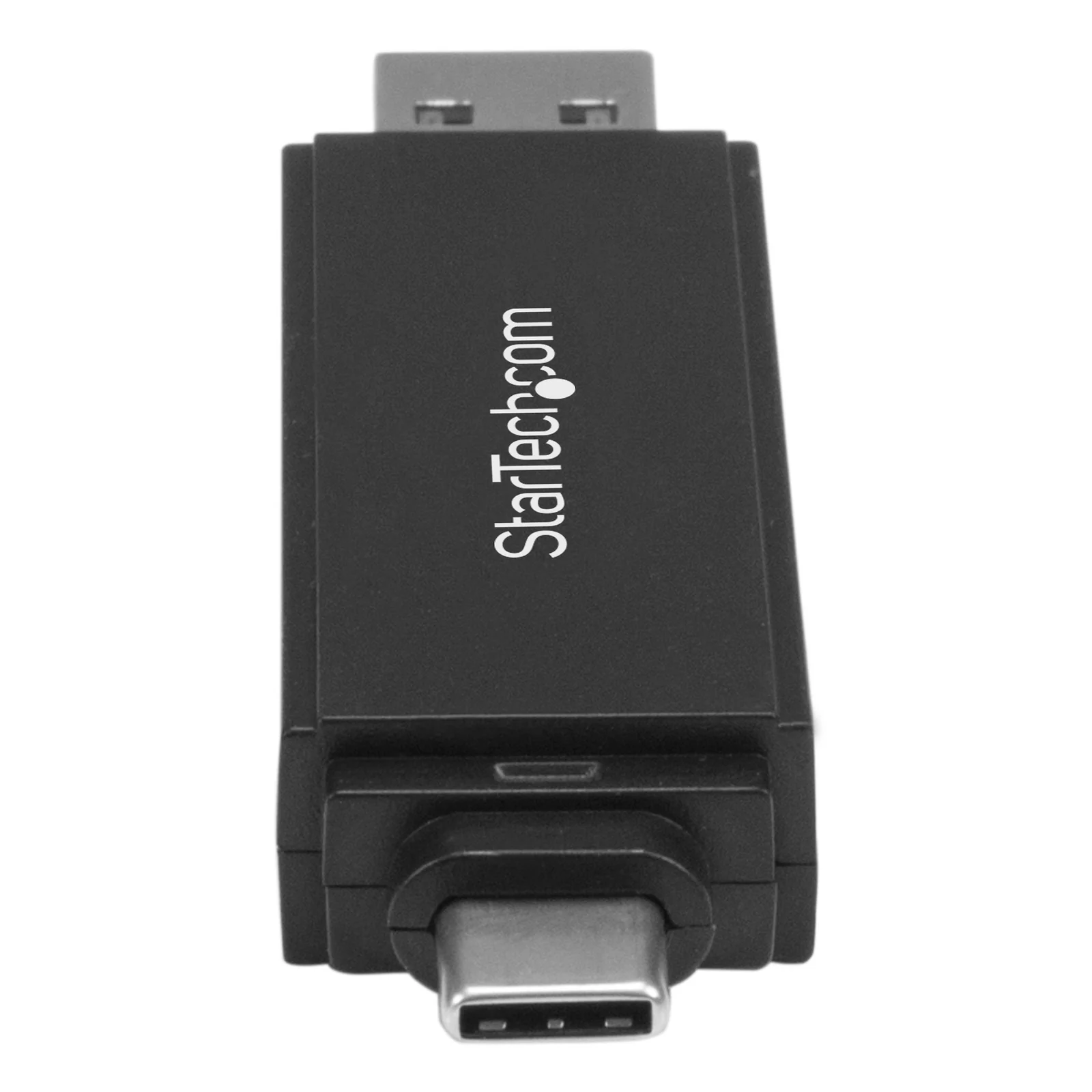 Vue frontale du boîtier noir montrant le connecteur USB-C en bas et le connecteur USB-A en haut