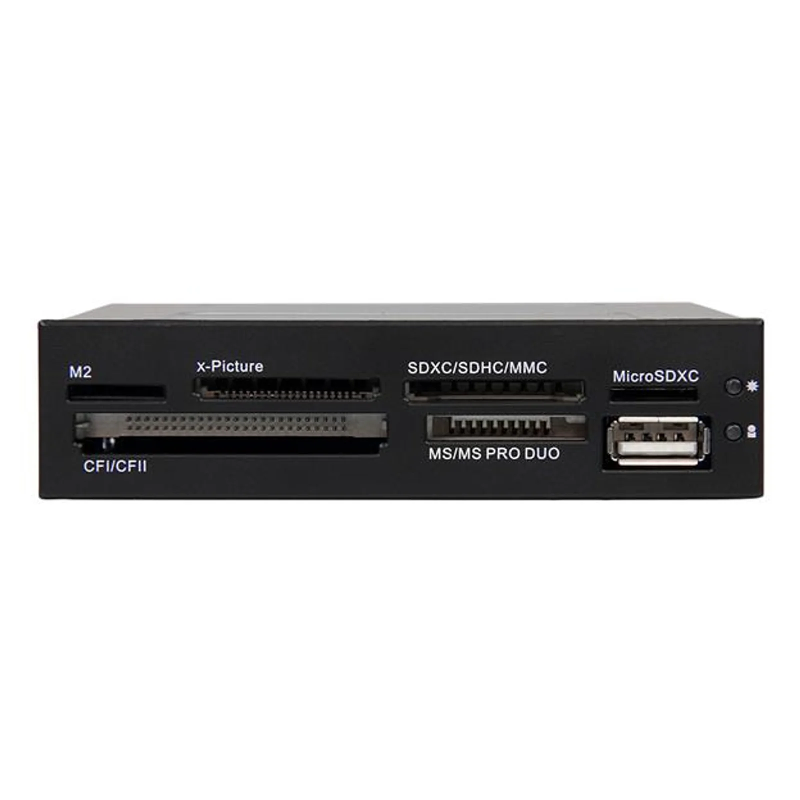 Face avant du lecteur multicartes en vue frontale, fentes étiquetées M2, x-Picture, CFI/CFII, SDXC/SDHC/MMC, MS/MS PRO DUO, MicroSDXC et port USB-A