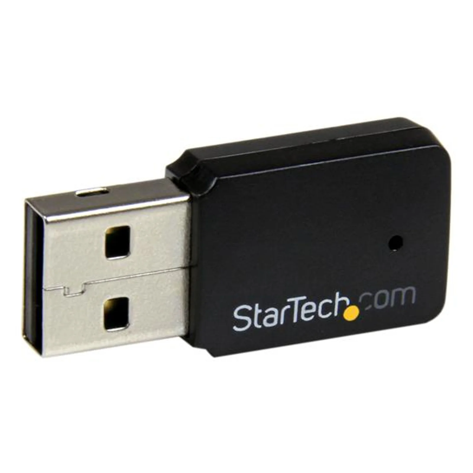 Dongle WiFi USB noir vue de profil latéral, connecteur USB-A argenté centré, logo StarTech.com sur le corps
