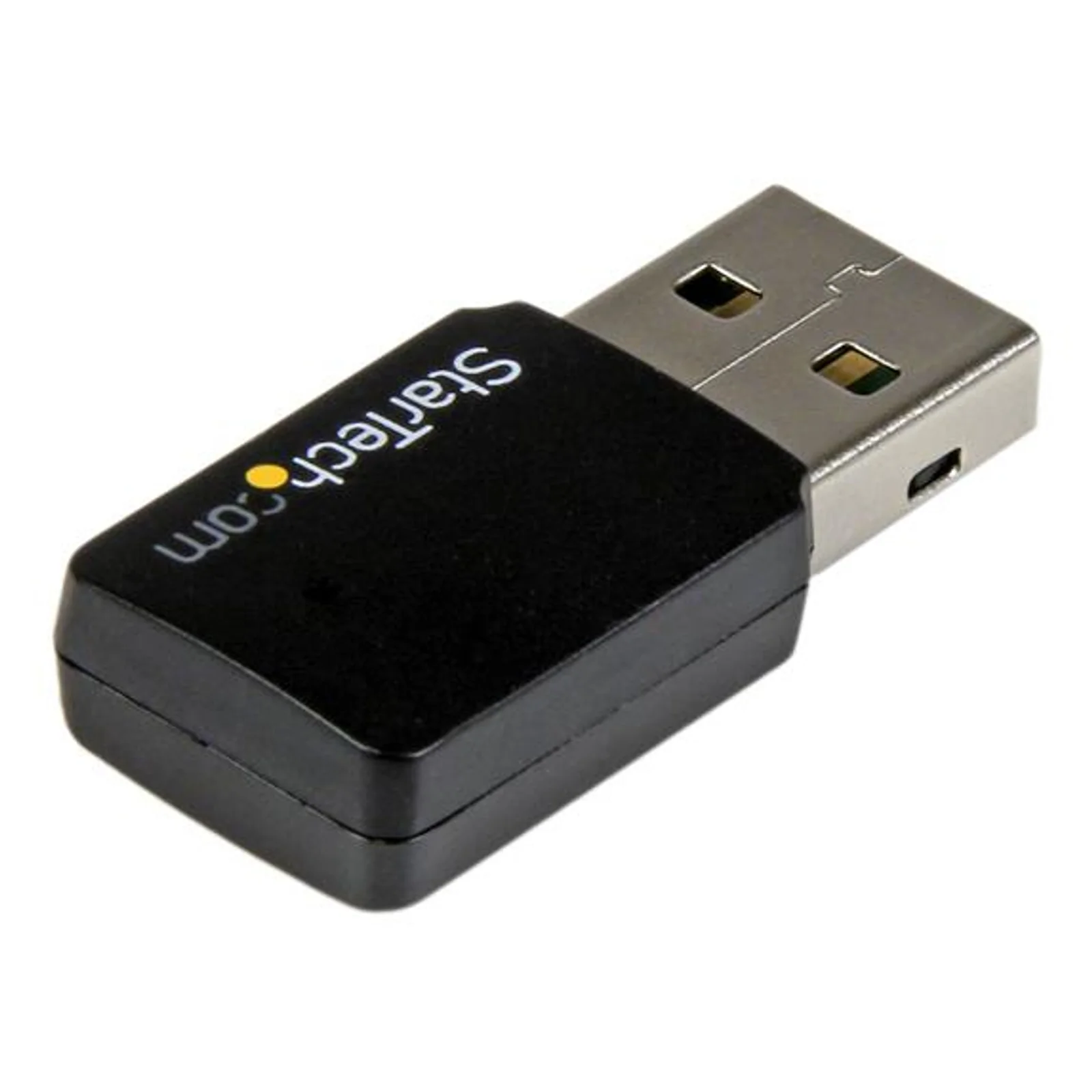 Mini dongle WiFi USB noir vue 3/4 arrière, corps compact rectangulaire aux coins arrondis, logo StarTech.com visible