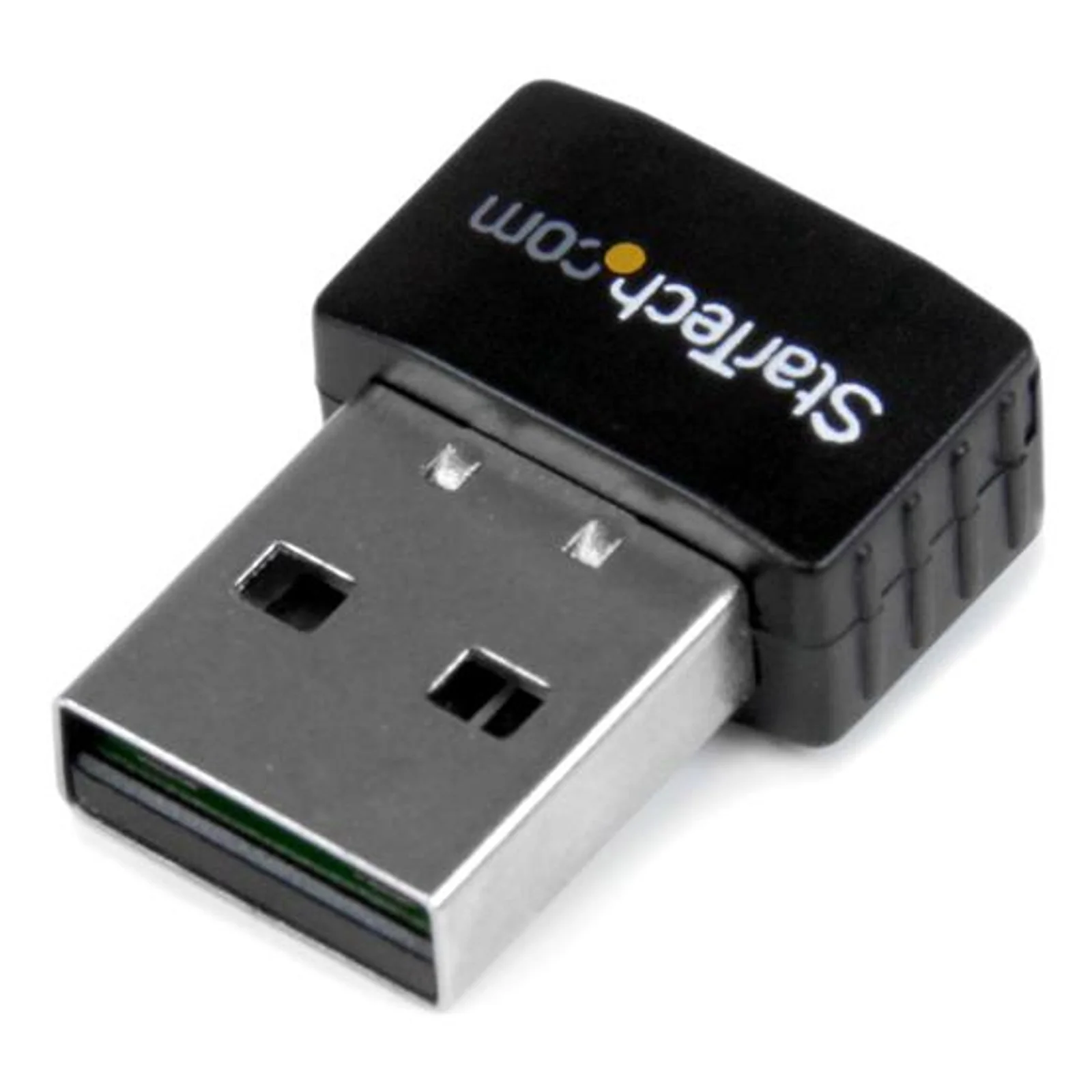 Clé USB Wi-Fi mini noire vue de dos, logo StarTech.com inversé, connecteur USB-A au premier plan