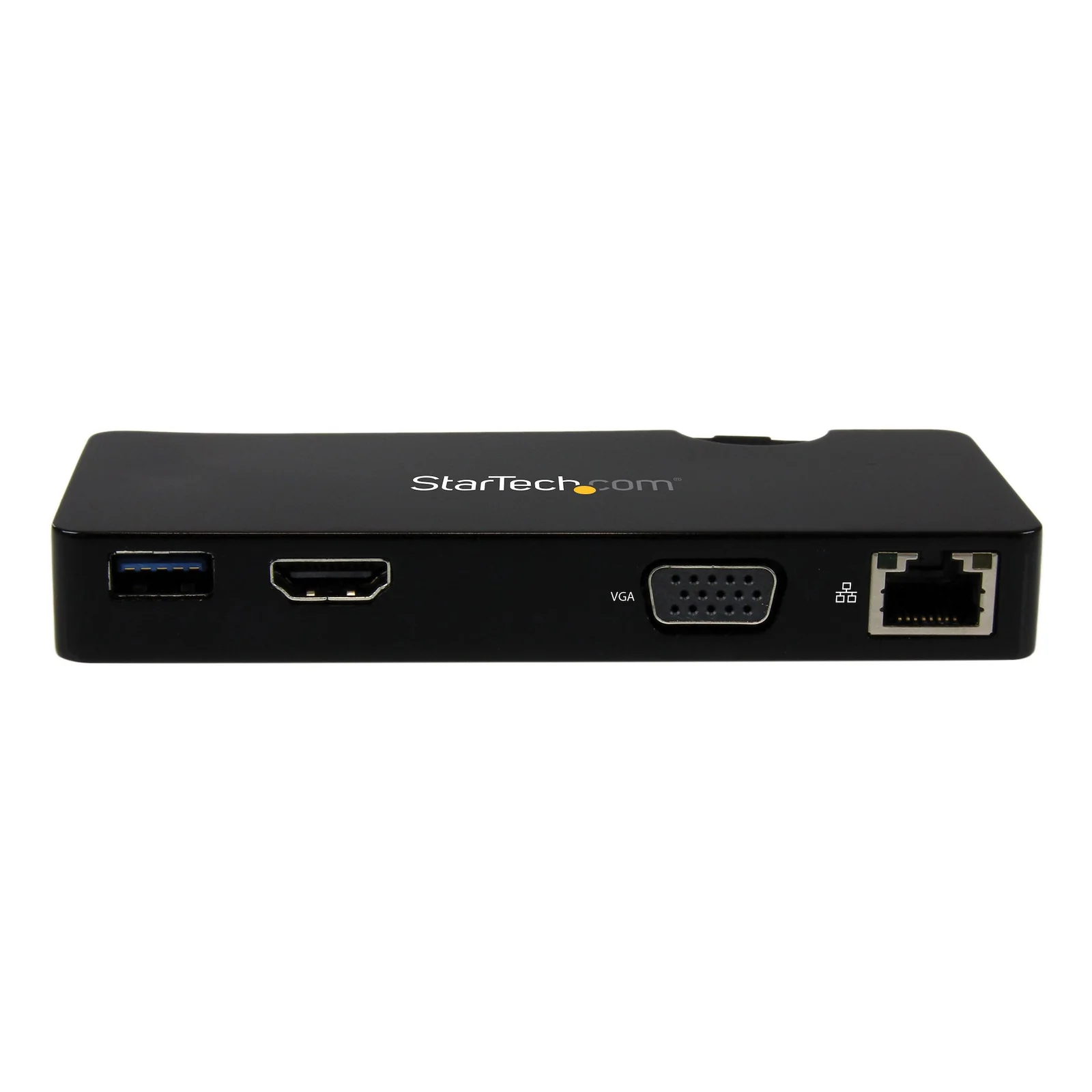 Tranche avant de la station d'accueil noire montrant les 4 ports alignés, USB-A, HDMI, VGA et RJ45 Gigabit
