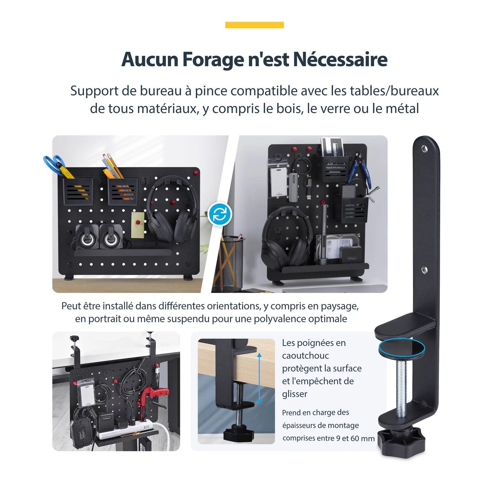 StarTech.com Panneau Perforé à Pinces avec Accessoires, 42 x 32cm, Panneau Perforé en Acier, Organisateur de Rangement de Bureau, Panneau Perforé à Fixer sur un Bureau, Noir