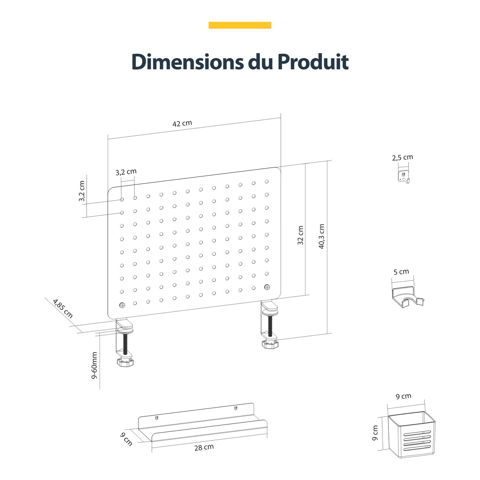 StarTech.com Panneau Perforé à Pinces avec Accessoires, 42 x 32cm, Panneau Perforé en Acier, Organisateur de Rangement de Bureau, Panneau Perforé à Fixer sur un Bureau, Noir