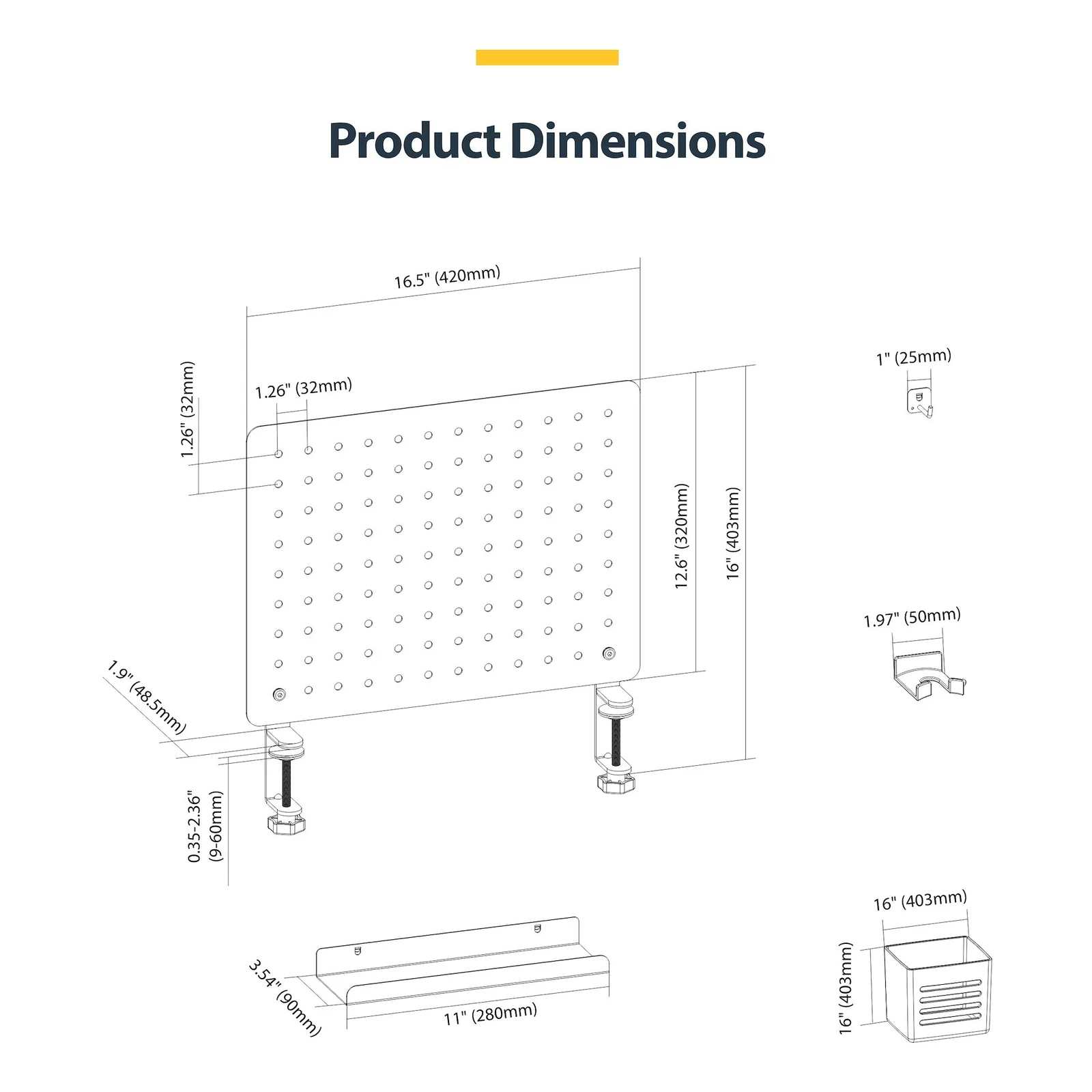 StarTech.com Panneau Perforé à Pinces avec Accessoires, 42 x 32cm, Panneau Perforé en Acier, Organisateur de Rangement de Bureau, Panneau Perforé à Fixer sur un Bureau, Noir