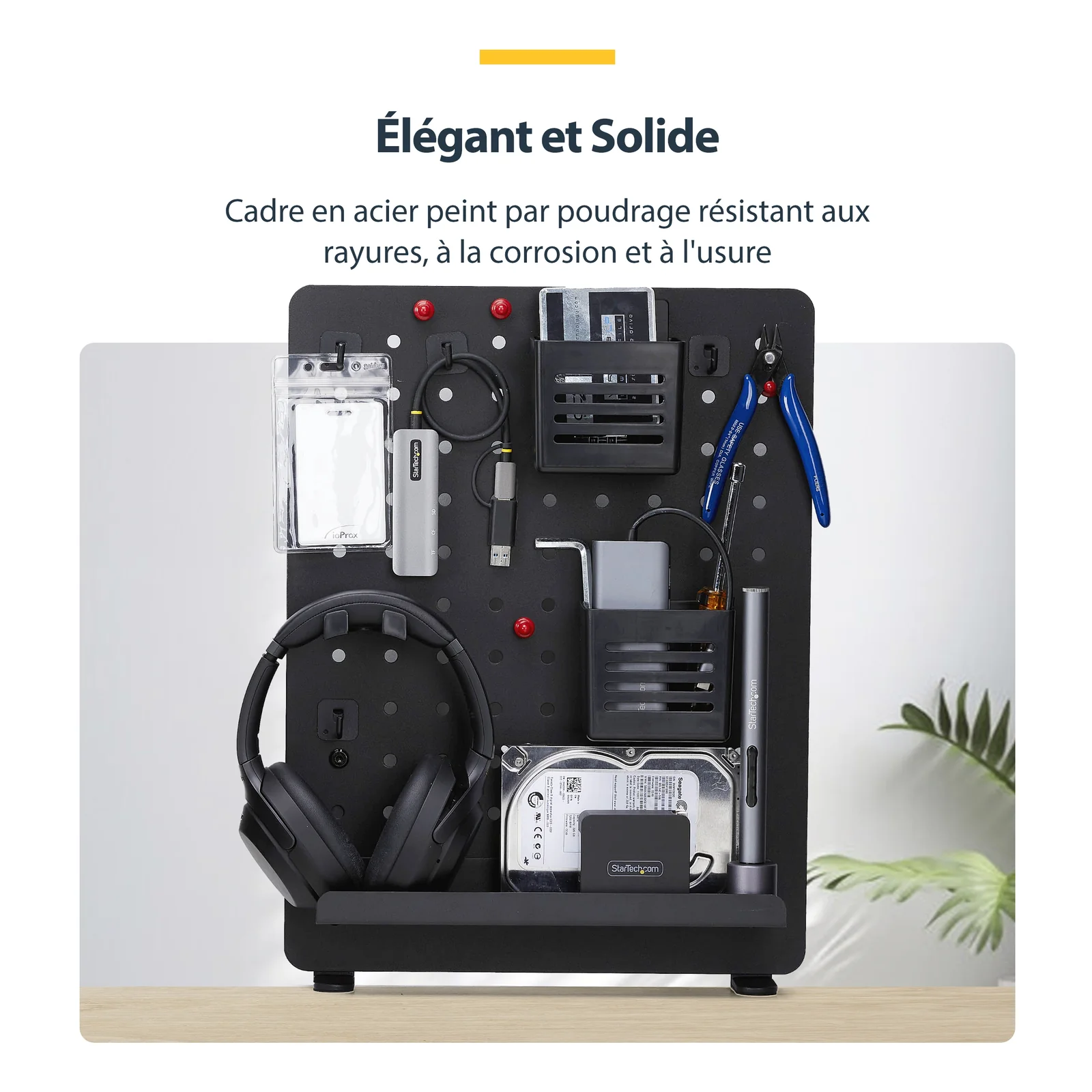 StarTech.com Panneau Perforé à Pinces avec Accessoires, 42 x 32cm, Panneau Perforé en Acier, Organisateur de Rangement de Bureau, Panneau Perforé à Fixer sur un Bureau, Noir
