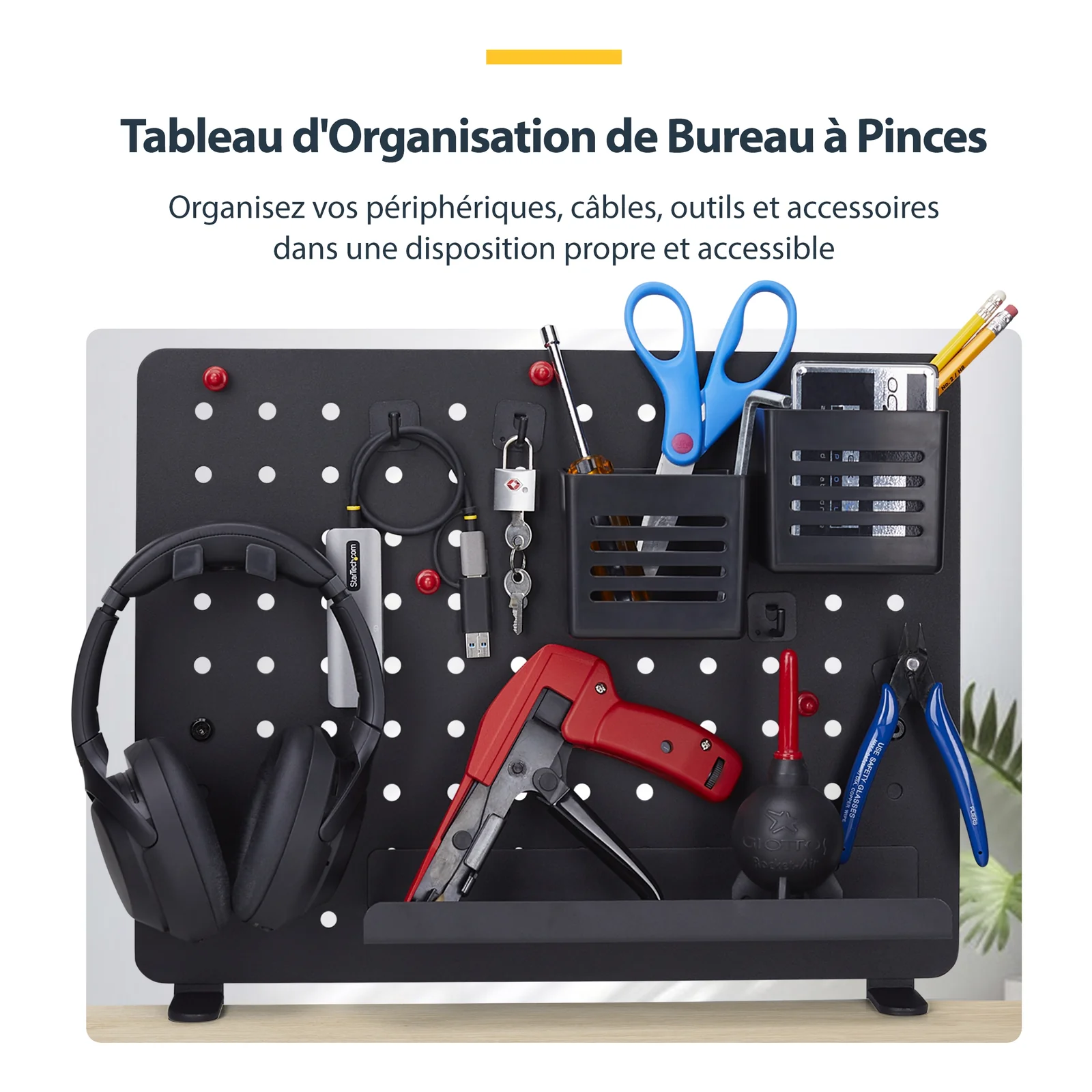 StarTech.com Panneau Perforé à Pinces avec Accessoires, 42 x 32cm, Panneau Perforé en Acier, Organisateur de Rangement de Bureau, Panneau Perforé à Fixer sur un Bureau, Noir