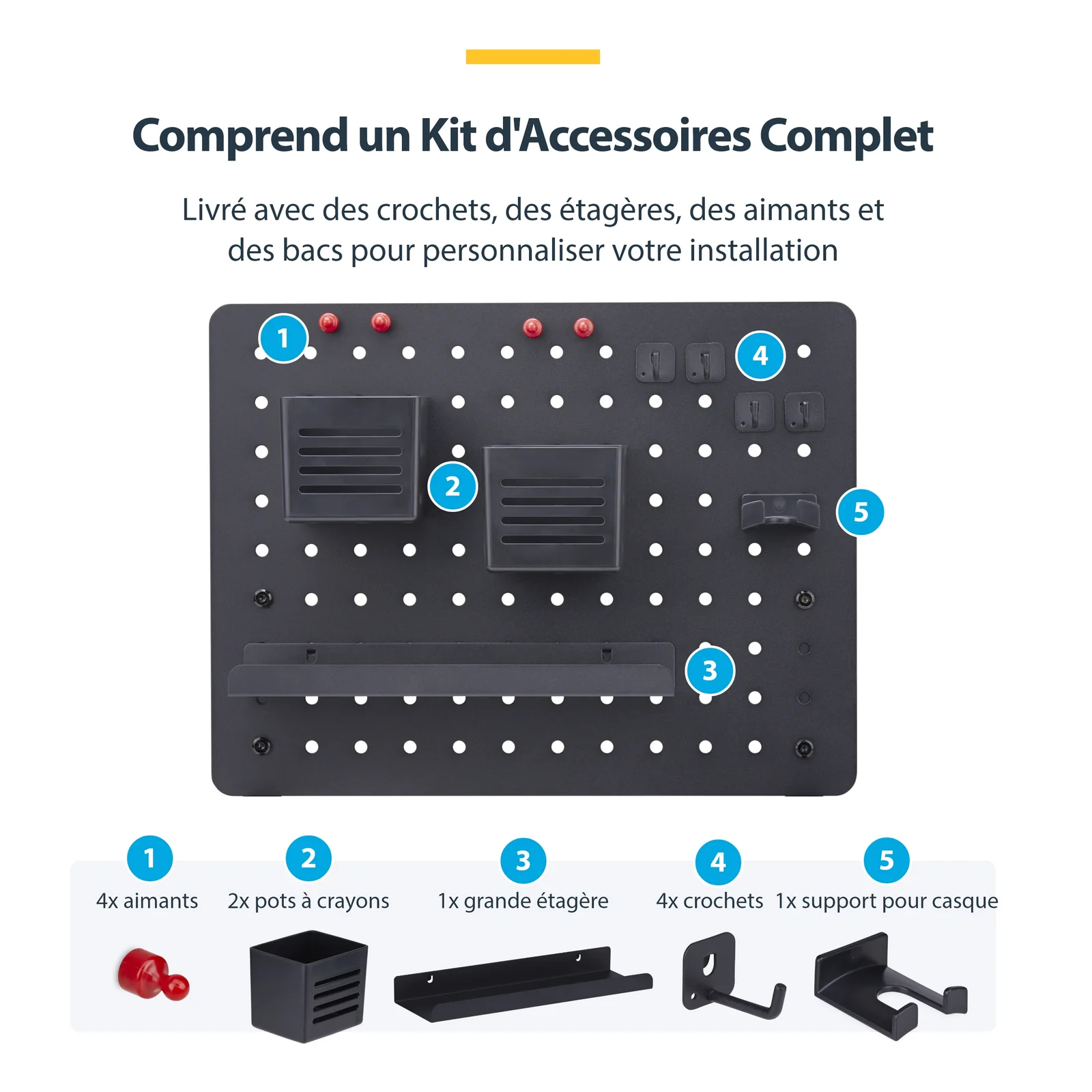 StarTech.com Panneau Perforé à Pinces avec Accessoires, 42 x 32cm, Panneau Perforé en Acier, Organisateur de Rangement de Bureau, Panneau Perforé à Fixer sur un Bureau, Noir