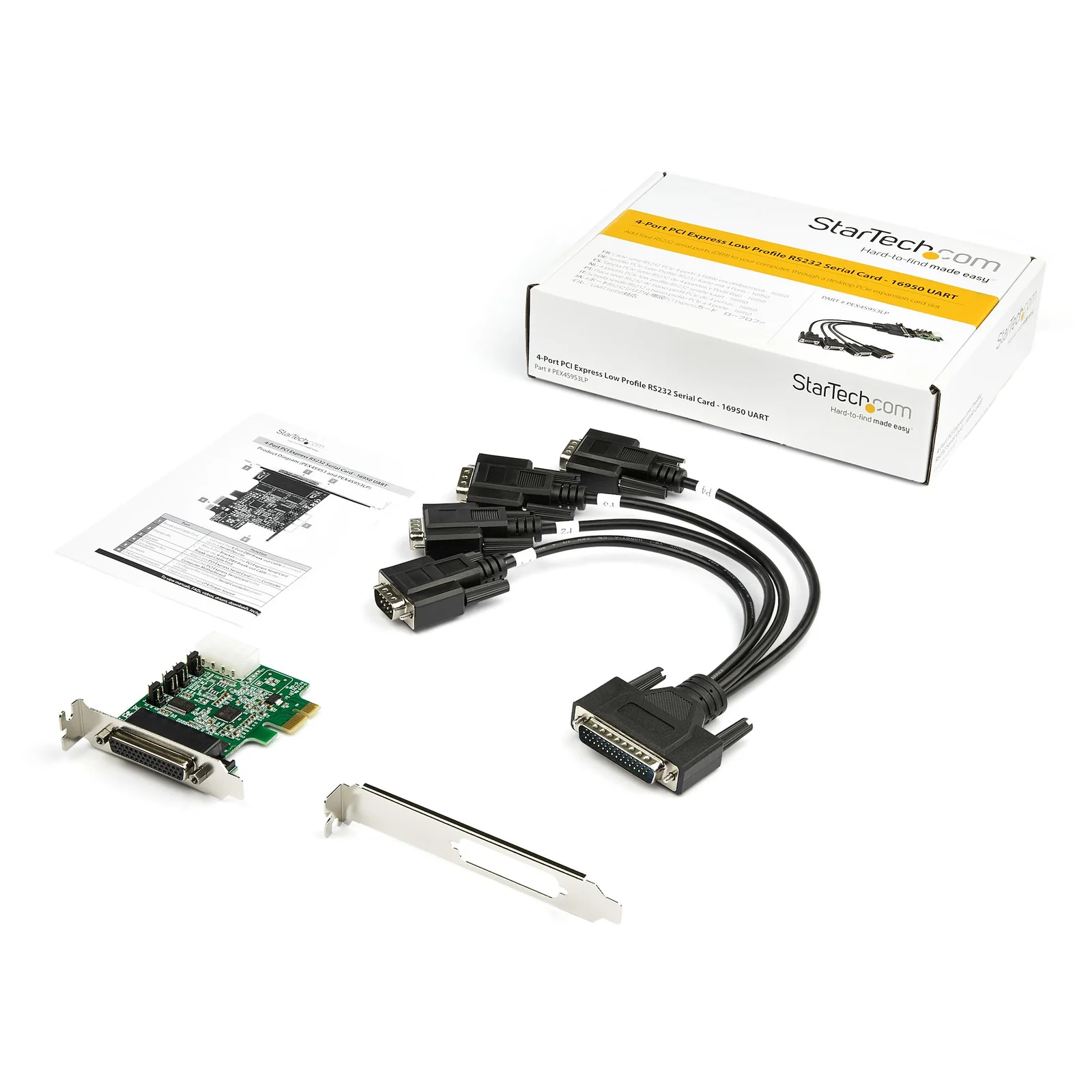 Contenu complet de la boîte avec carte PCIe, câble DB44 vers 4 ports DB9, équerre haute profil, guide d'installation et boîte d'emballage
