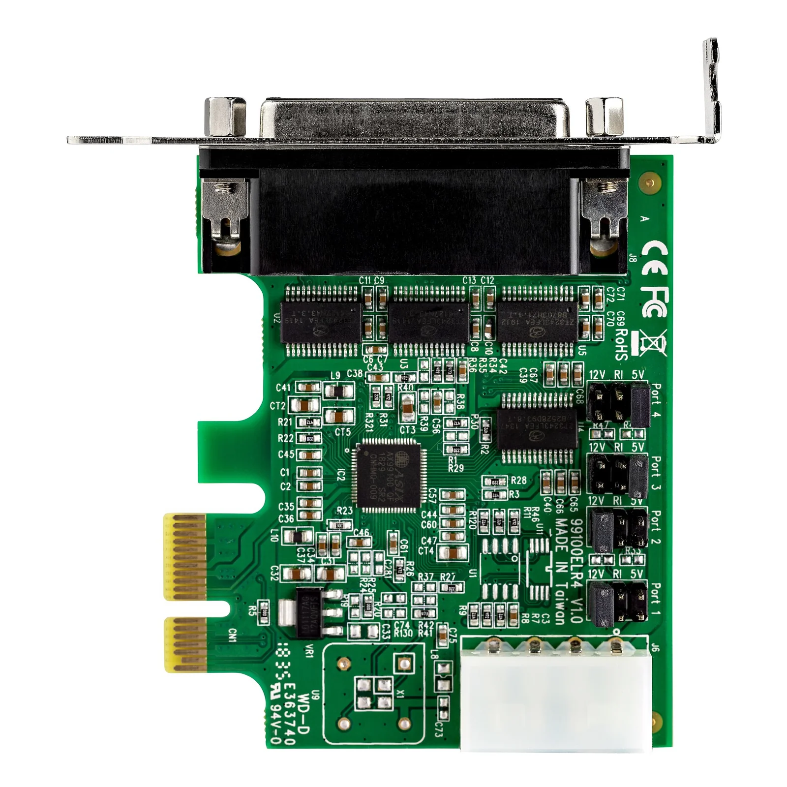Face arrière de la carte PCIe série montrant les composants SMD, les marquages de ports 1 à 4 et le connecteur d'alimentation
